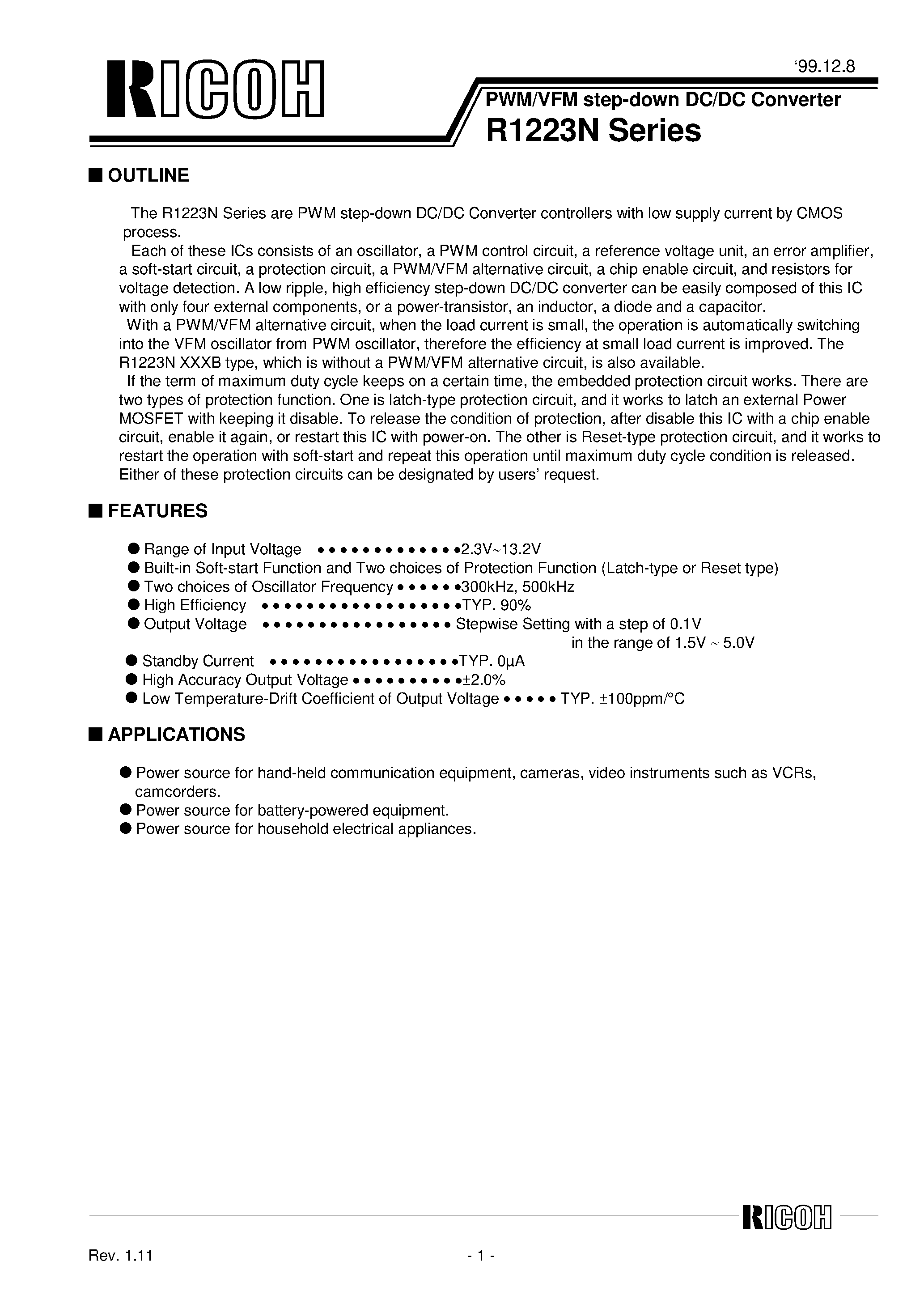 Datasheet R1223N502G-TR page 1 Datasheet R1223N502G-TR - PWM/VFM Step-down DC/DC Converter page 1