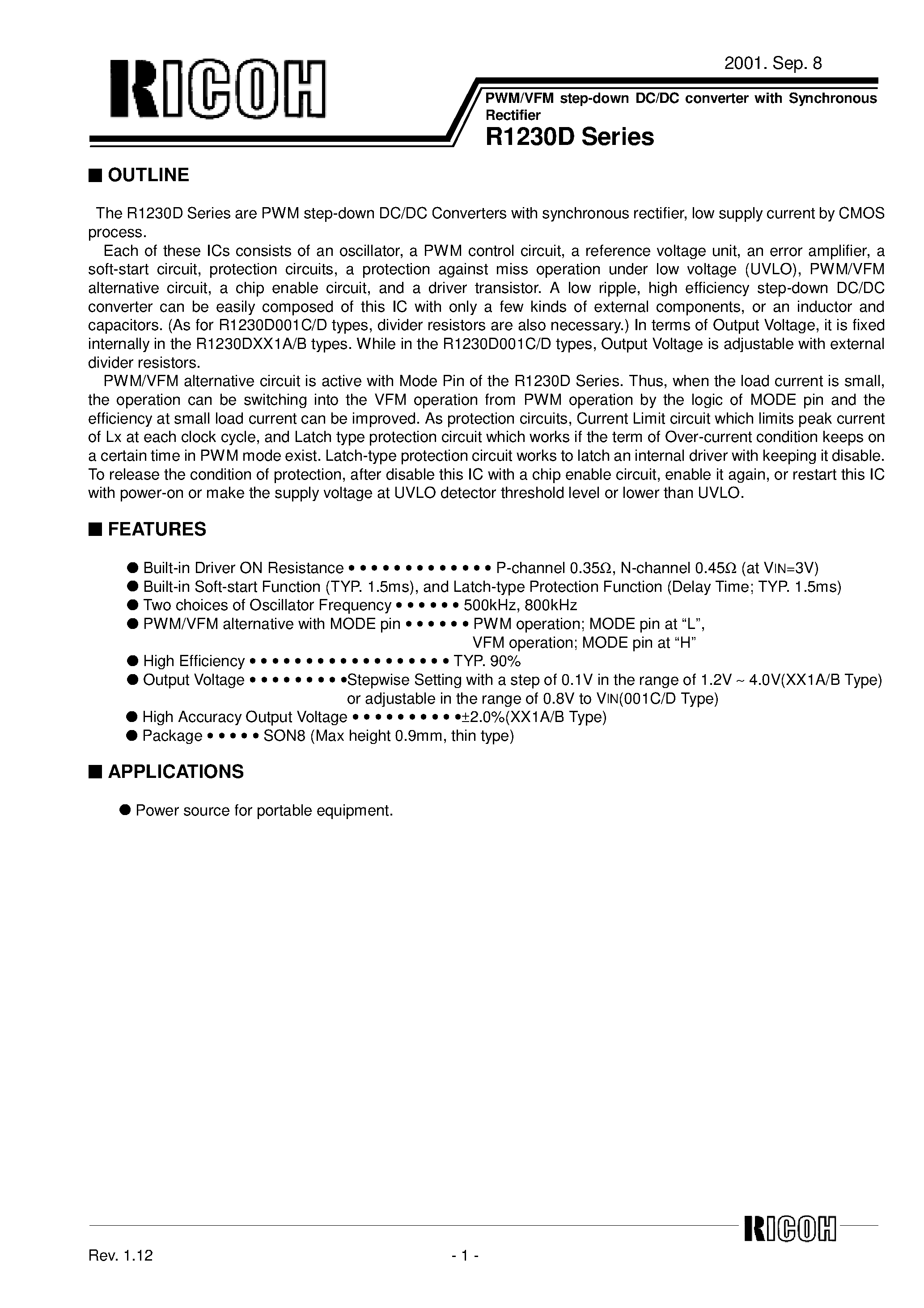 Datasheet R1230D251B-TL - PWM/VFM Step-down DC/DC Converter with Synchronous Rectifier page 1