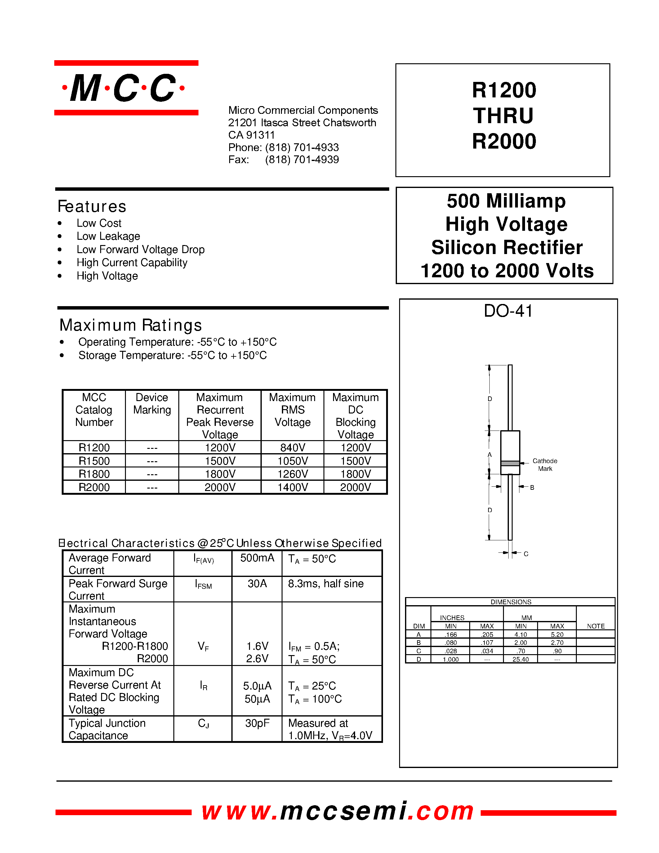 Даташит R1500 - 500 Milliamp High Voltage Silicon Rectifier 1200 to 2000 Volts страница 1