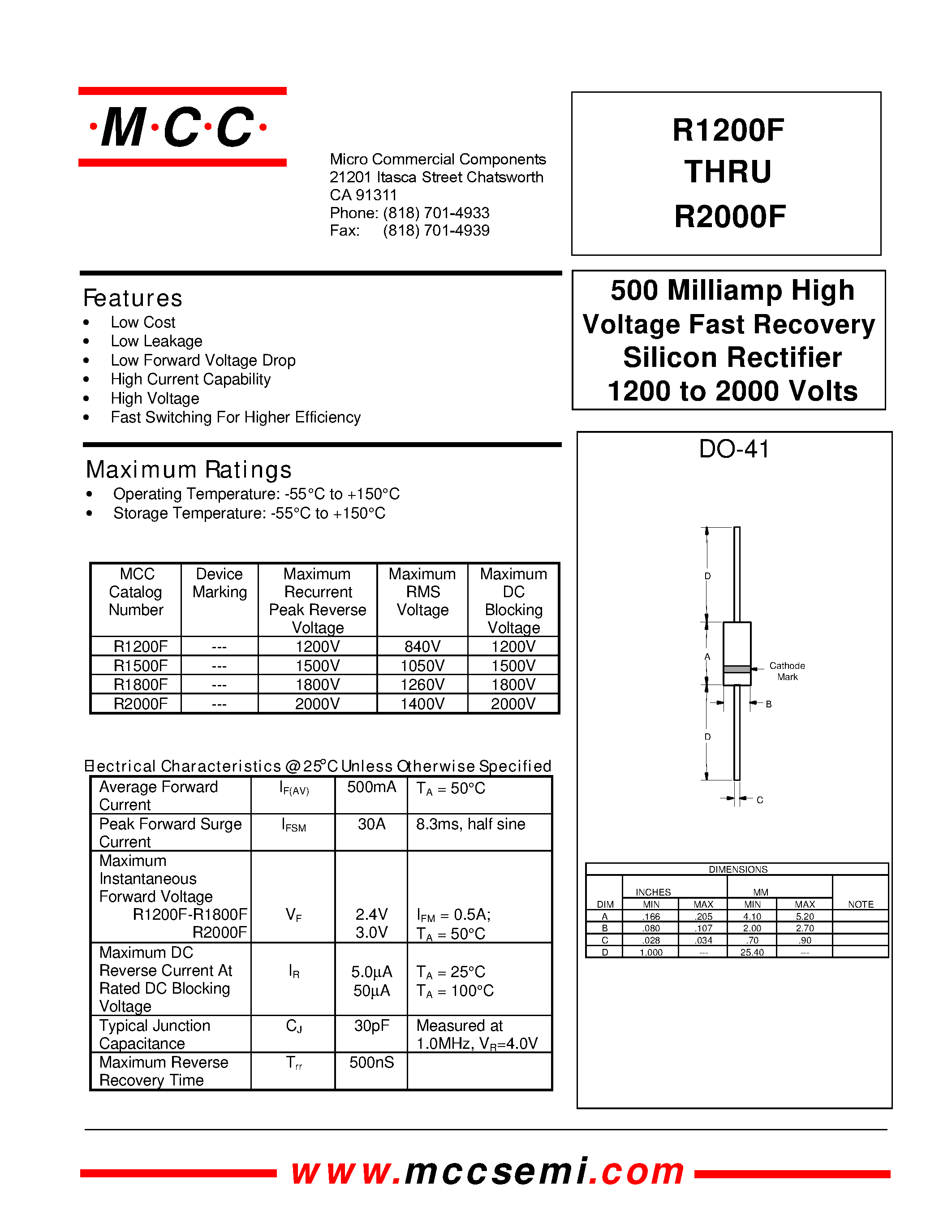 Даташит R1500F - 500 Milliamp High Voltage Fast Recovery Silicon Rectifier 1200 to 2000 Volts страница 1