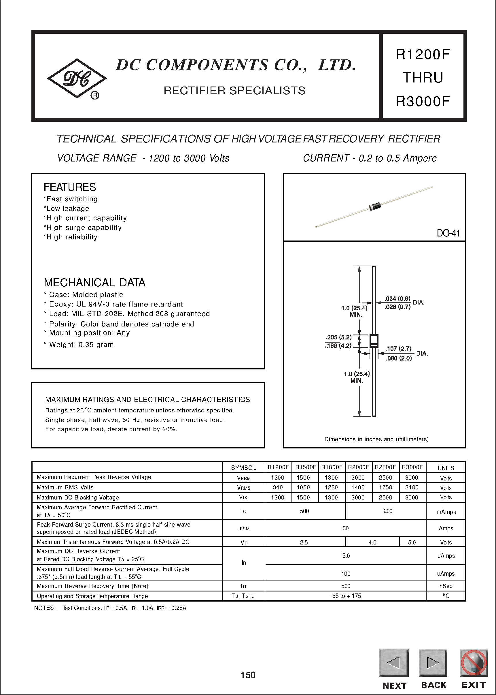 Даташит R1500F - TECHNICAL SPECIFICATIONS OF HIGH VOLTAGE FAST RECOVERY RECTIFIER страница 1