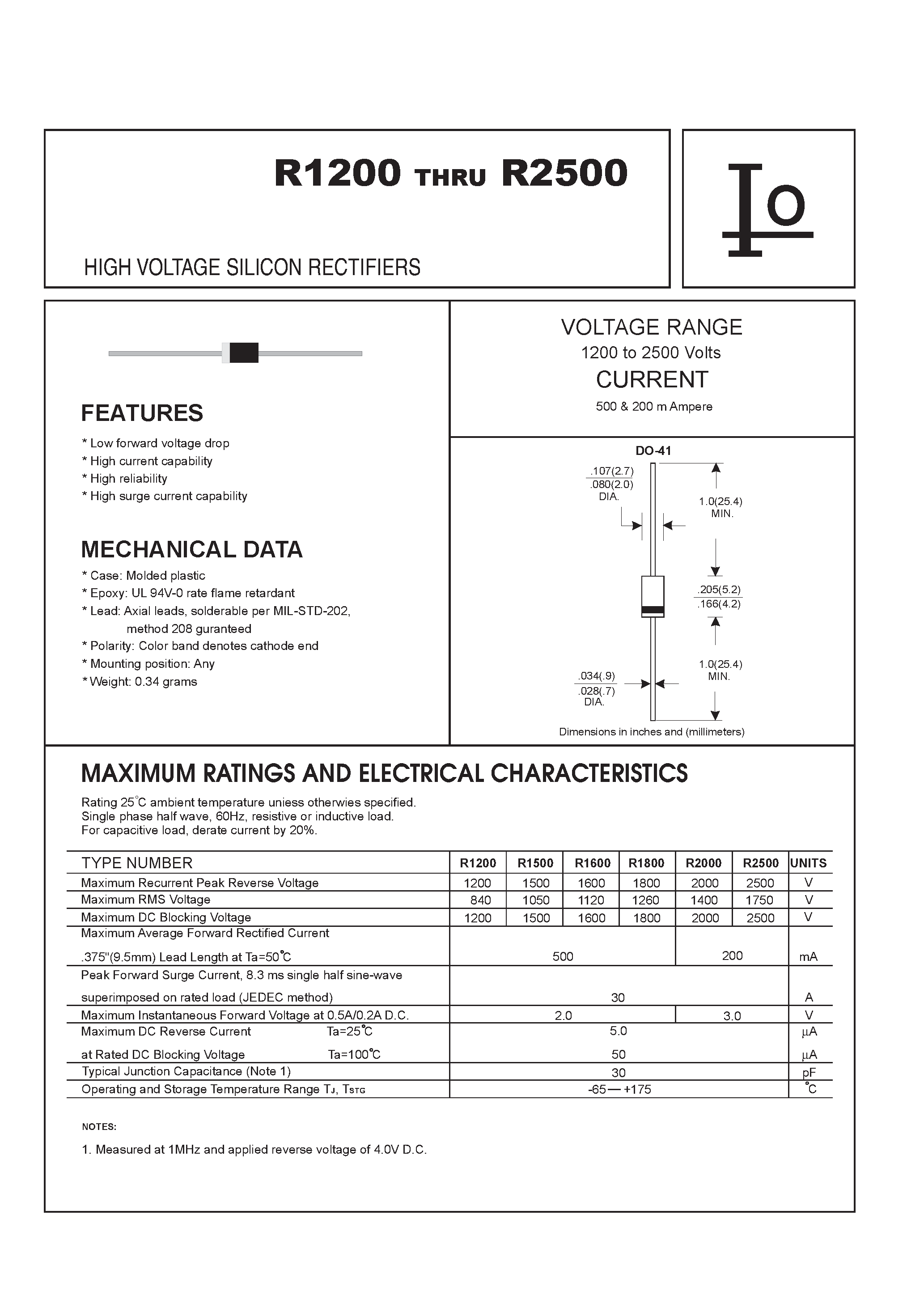 Datasheet R1600 - HIGH VOLTAGE SILICON RECTIFIERS page 1