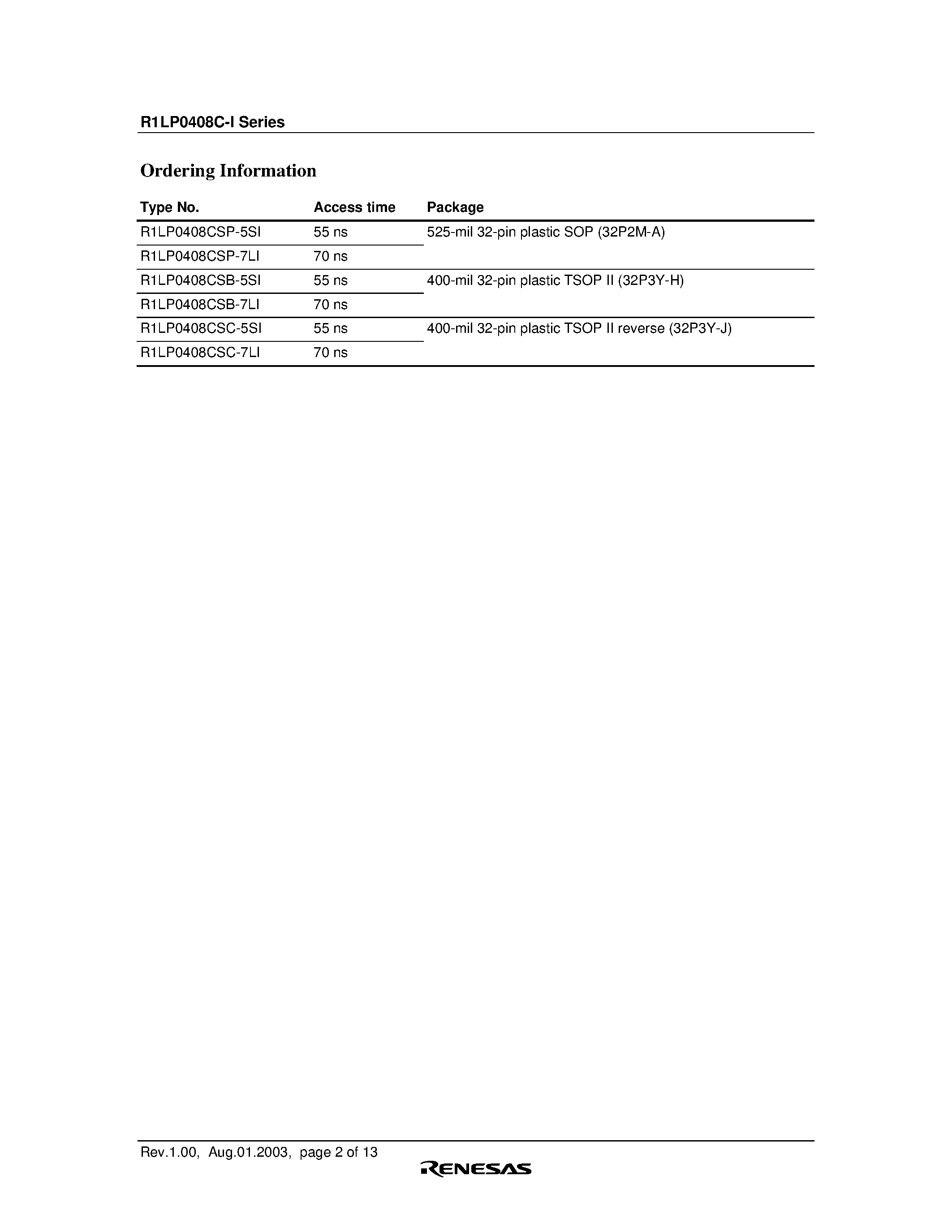 Даташит R1LV0408CSB-5SI - Wide Temperature Range Version 4M SRAM (512-kword 8-bit) страница 2