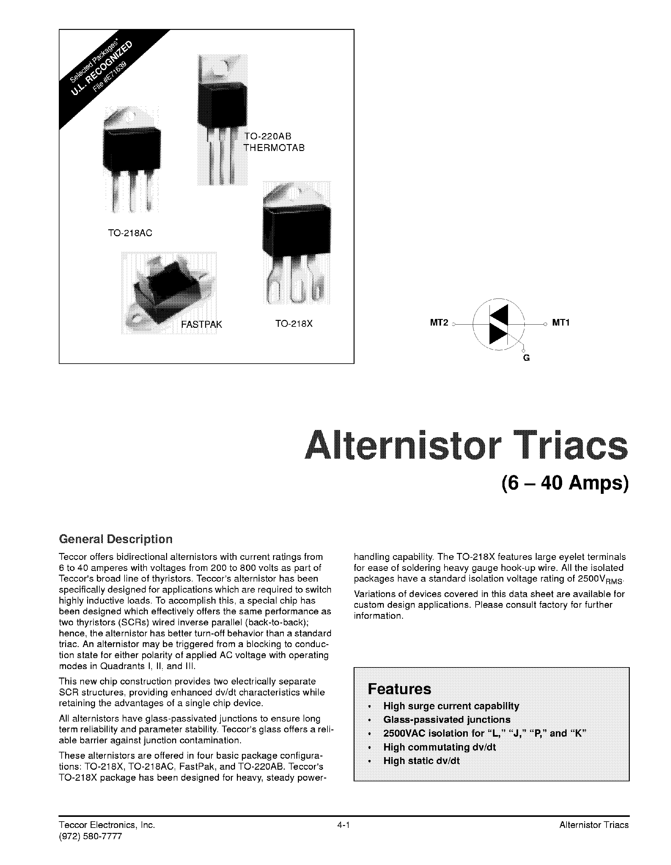 Datasheet Q7006RH4 page 1 Datasheet Q7006RH4 - Alternistor Triacs page 1