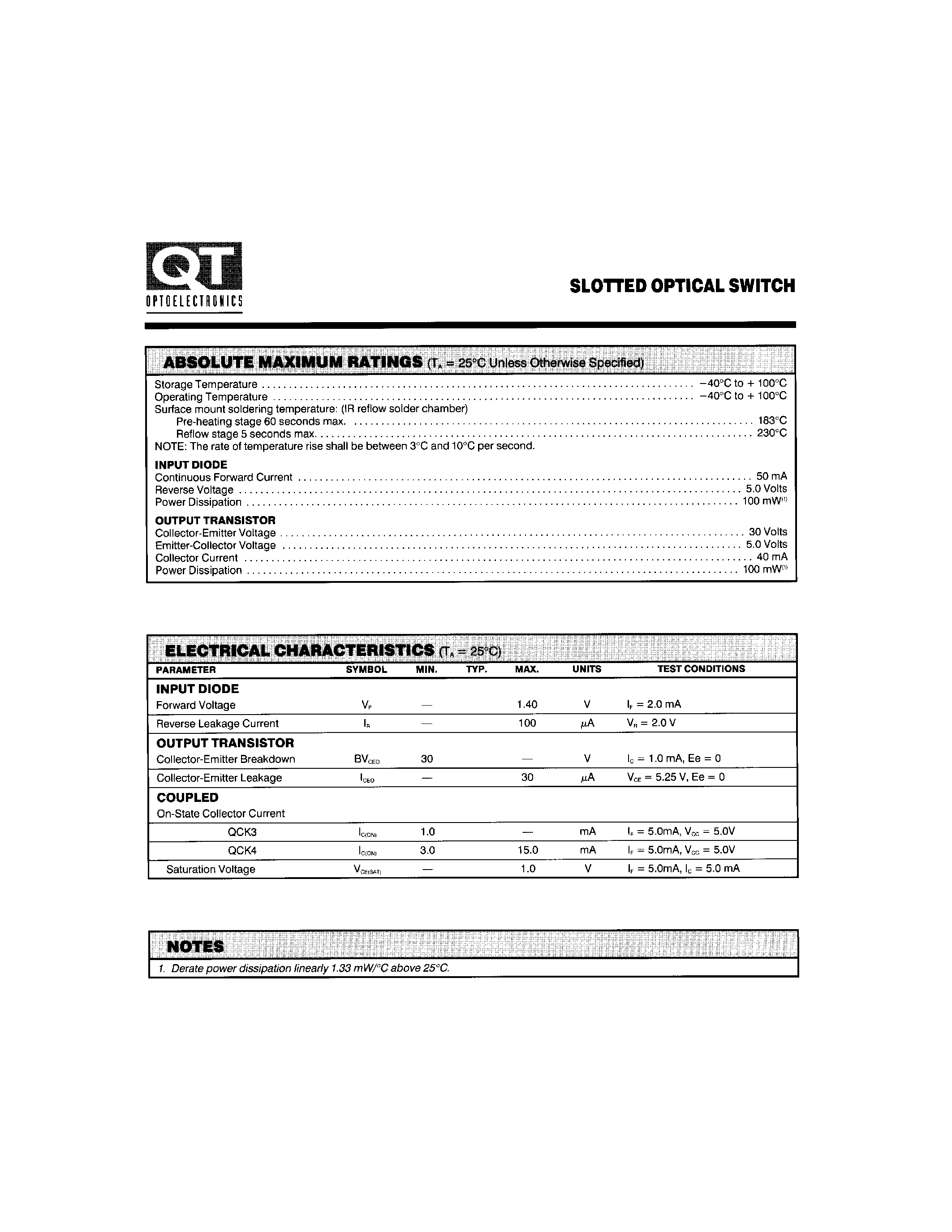Datasheet QCK3 page 2 Datasheet QCK3 - SLOTTED OPTICAL SWITCH page 2
