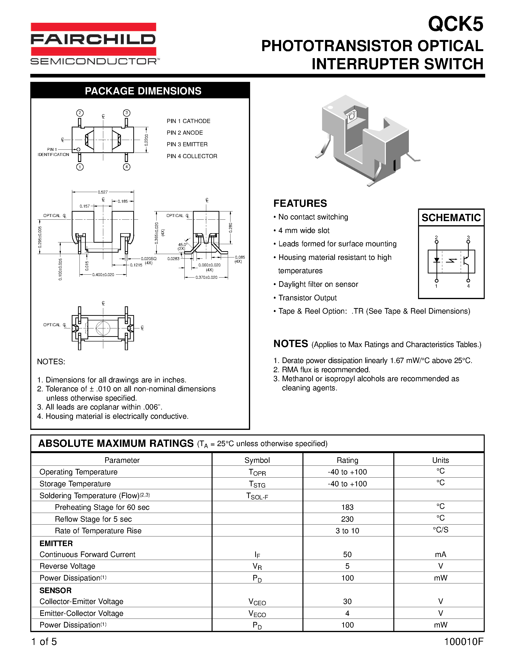 Datasheet QCK5 page 1 Datasheet QCK5 - PHOTOTRANSISTOR OPTICAL INTERRUPTER SWITCH page 1