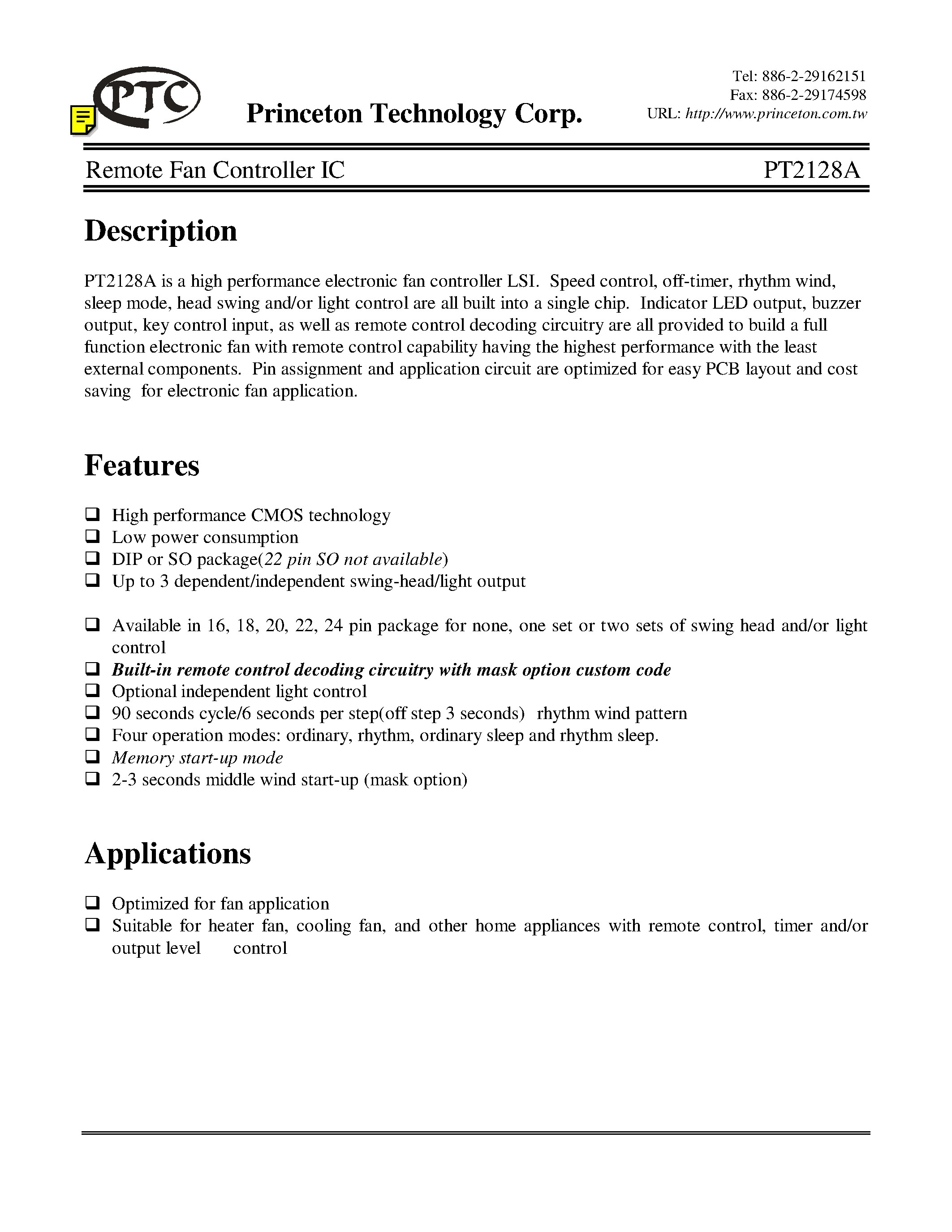Datasheet PT2128A-B82S - Remote Fan Controller IC page 1