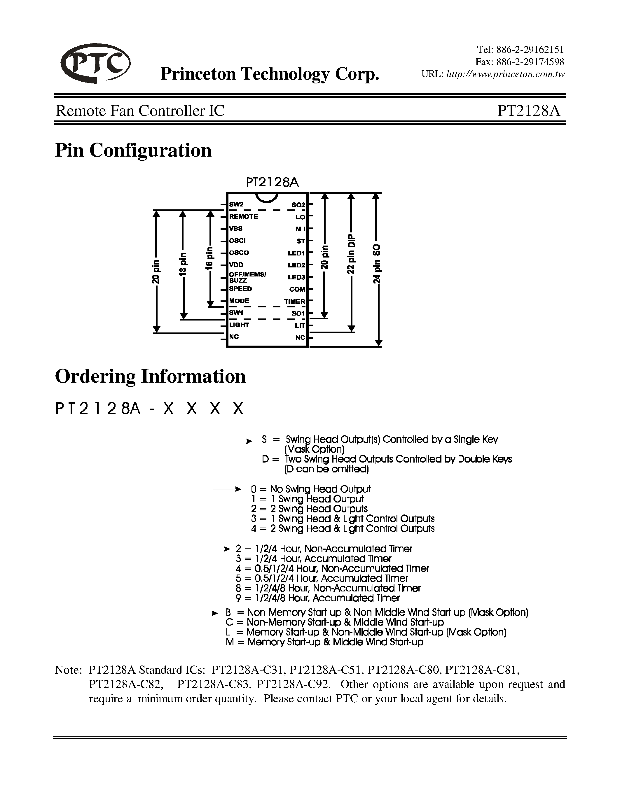 Datasheet PT2128A-L21S page 2 Datasheet PT2128A-L21S - Remote Fan Controller IC page 2