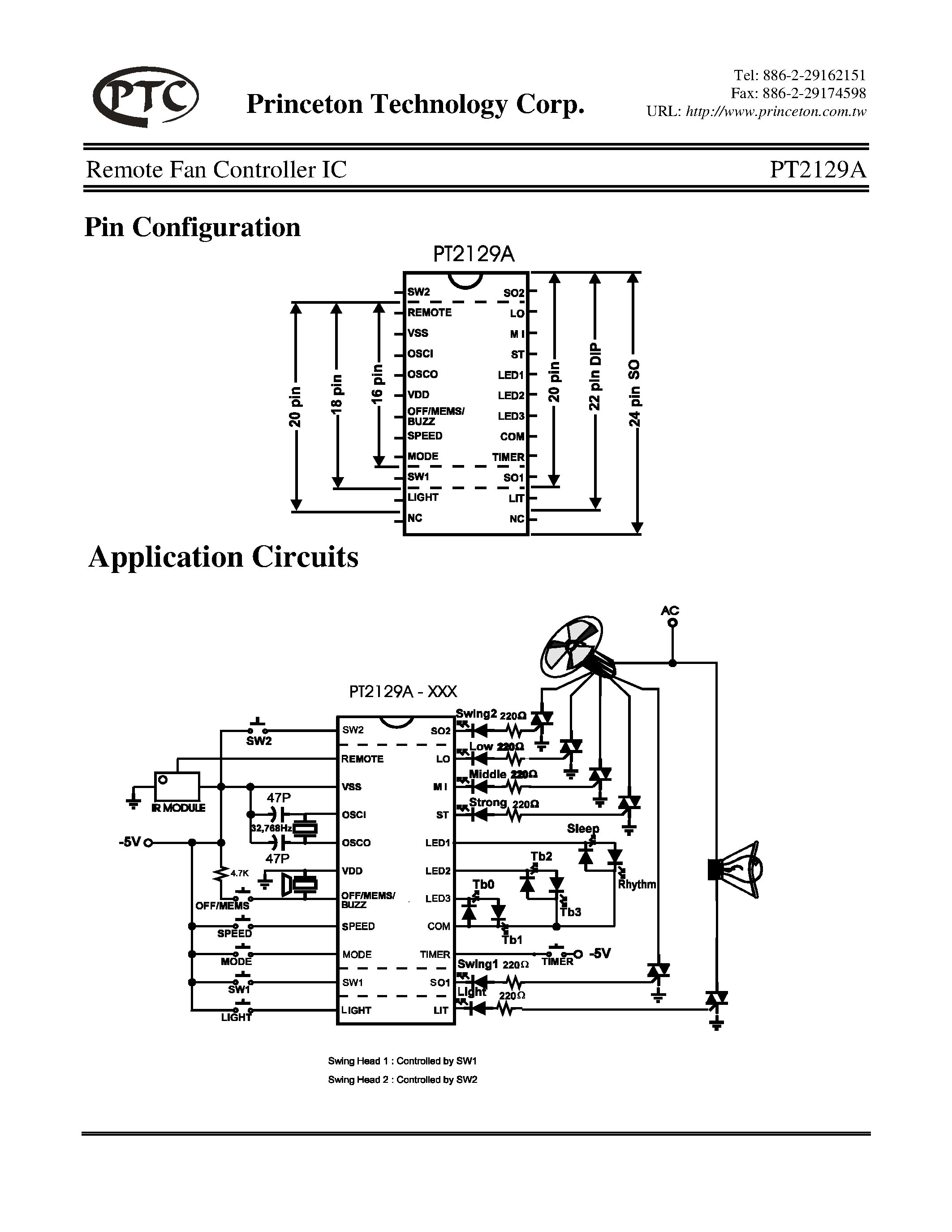 Datasheet PT2129A-T22S - Remote Fan Controller IC page 2