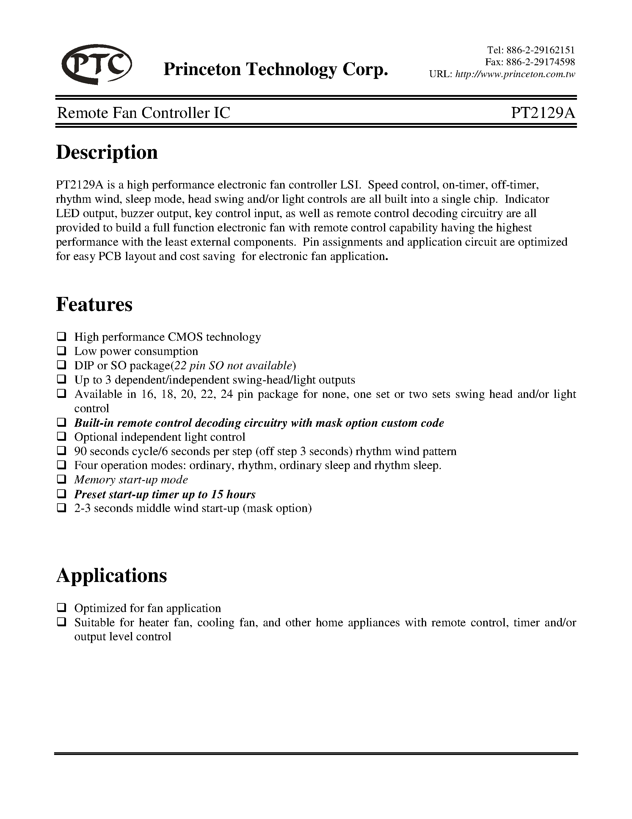 Datasheet PT2129A-T33D page 1 Datasheet PT2129A-T33D - Remote Fan Controller IC page 1