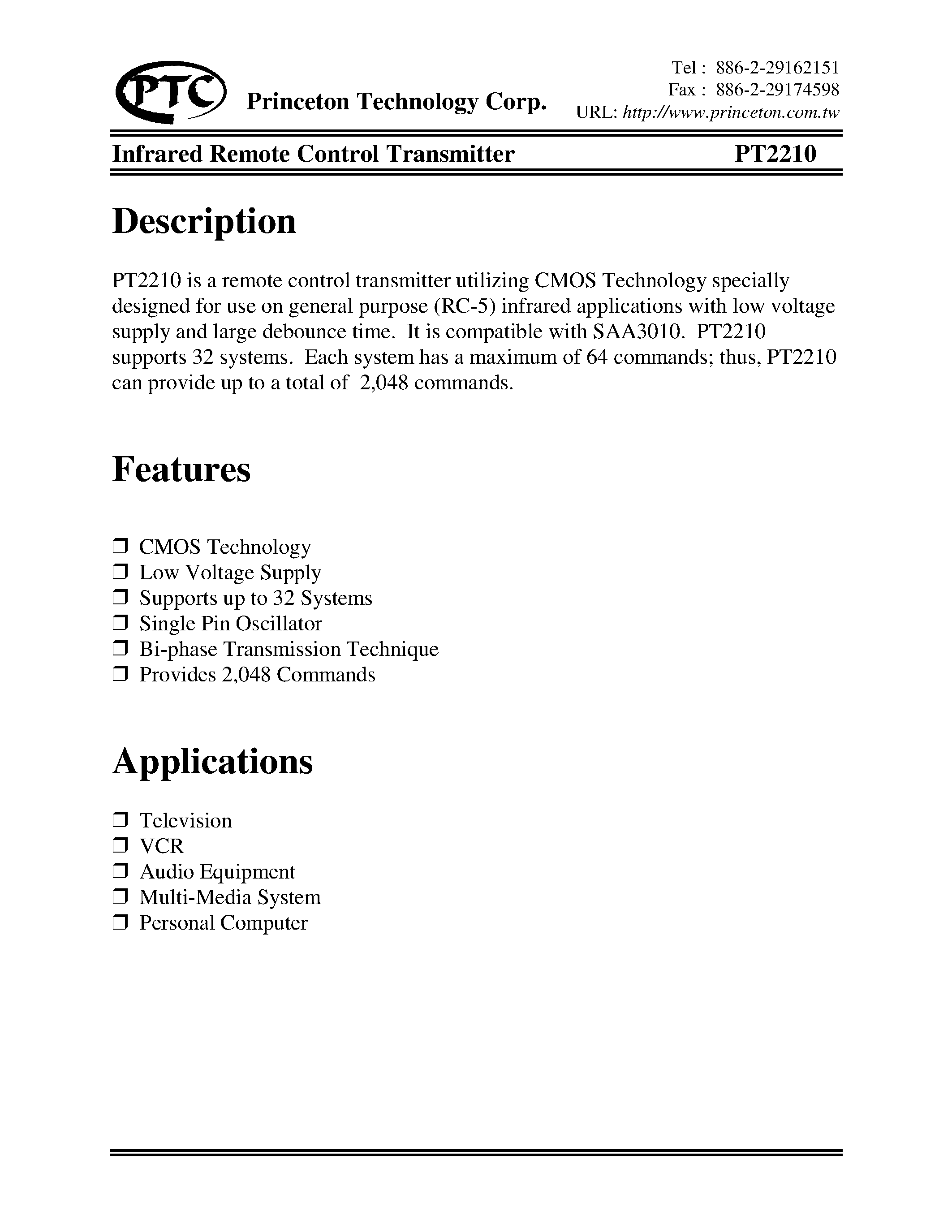 Datasheet PT2210-D page 1 Datasheet PT2210-D - Infrared Remote Control Transmitter page 1