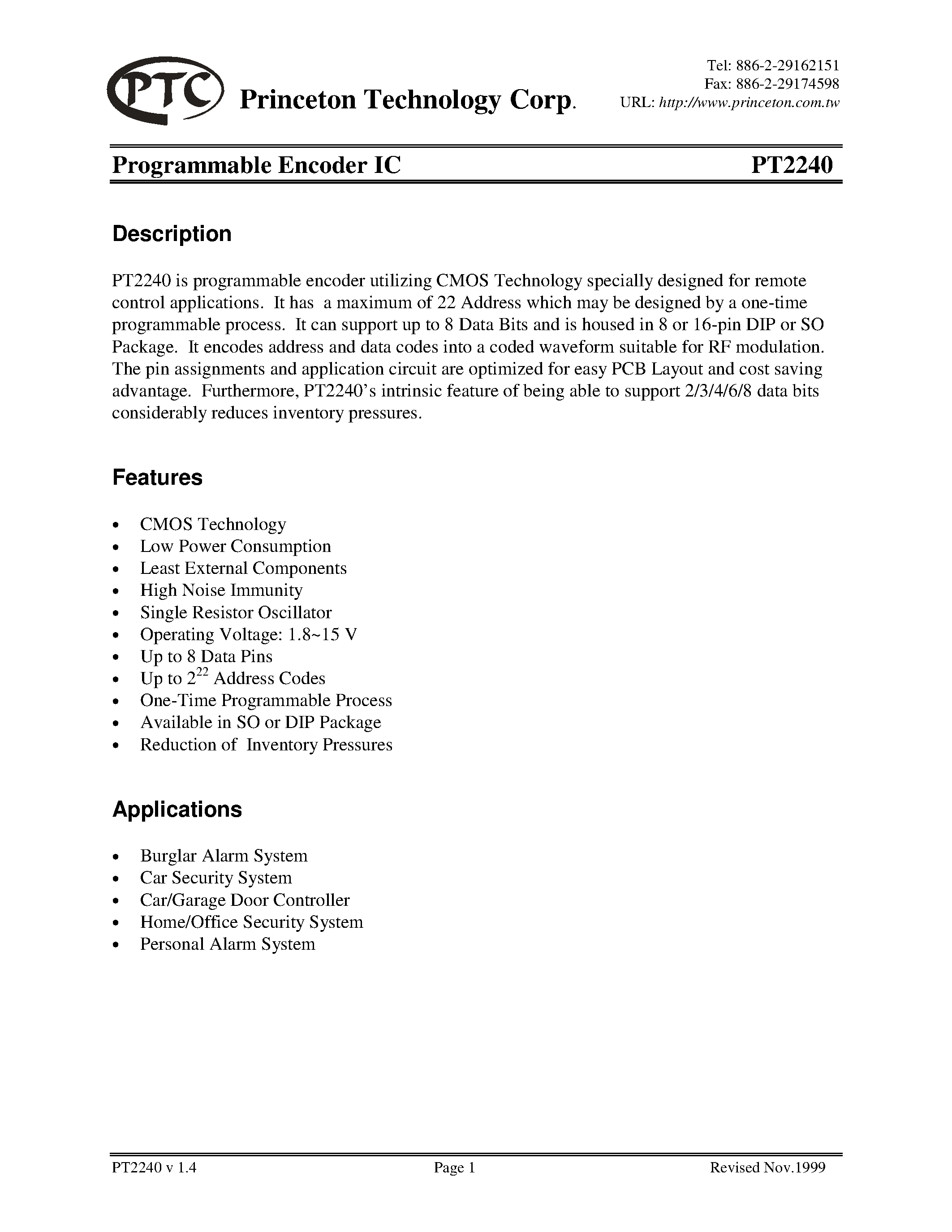 Datasheet PT2240P-S - Programmable Encoder IC page 1