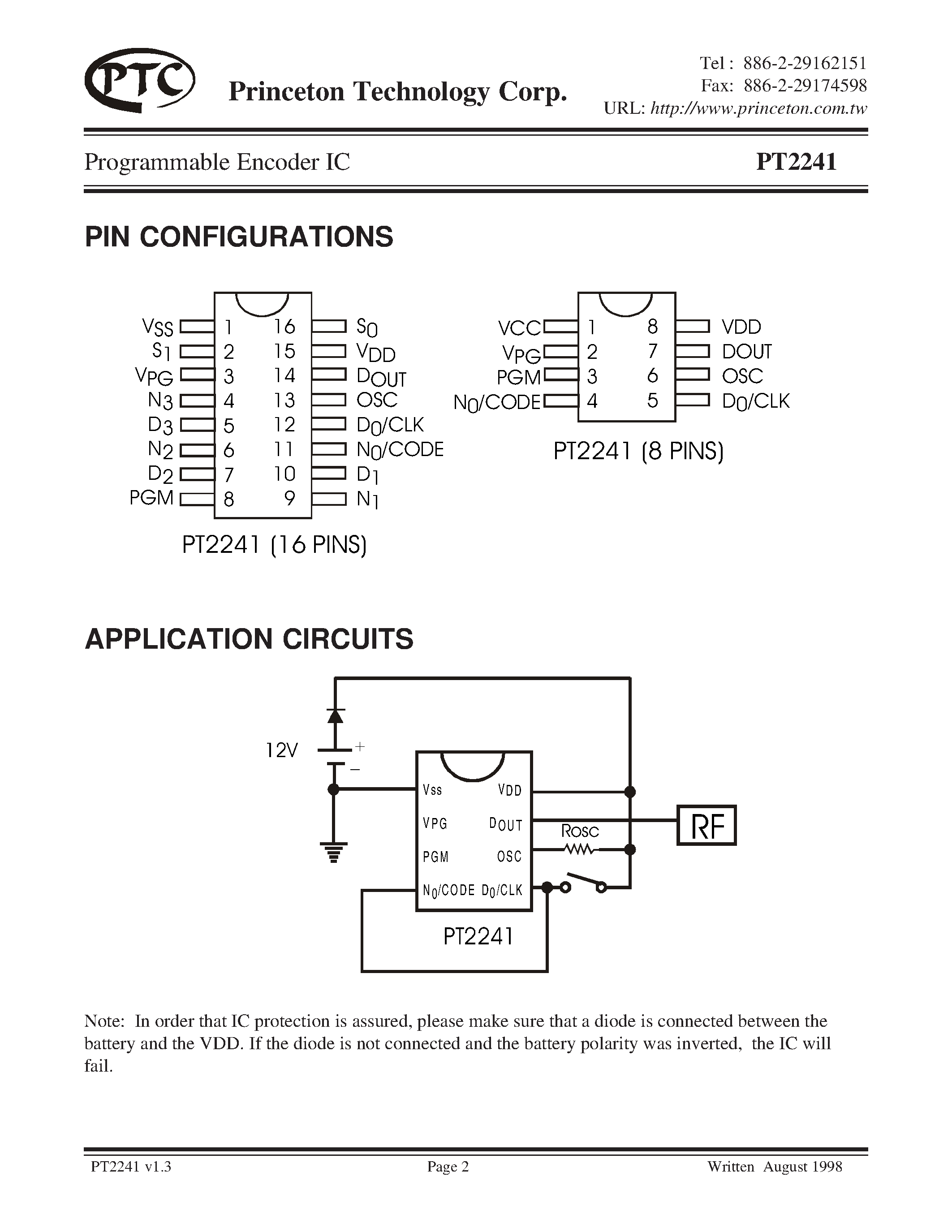 Datasheet PT2241-S - Programmable Encoder IC page 2
