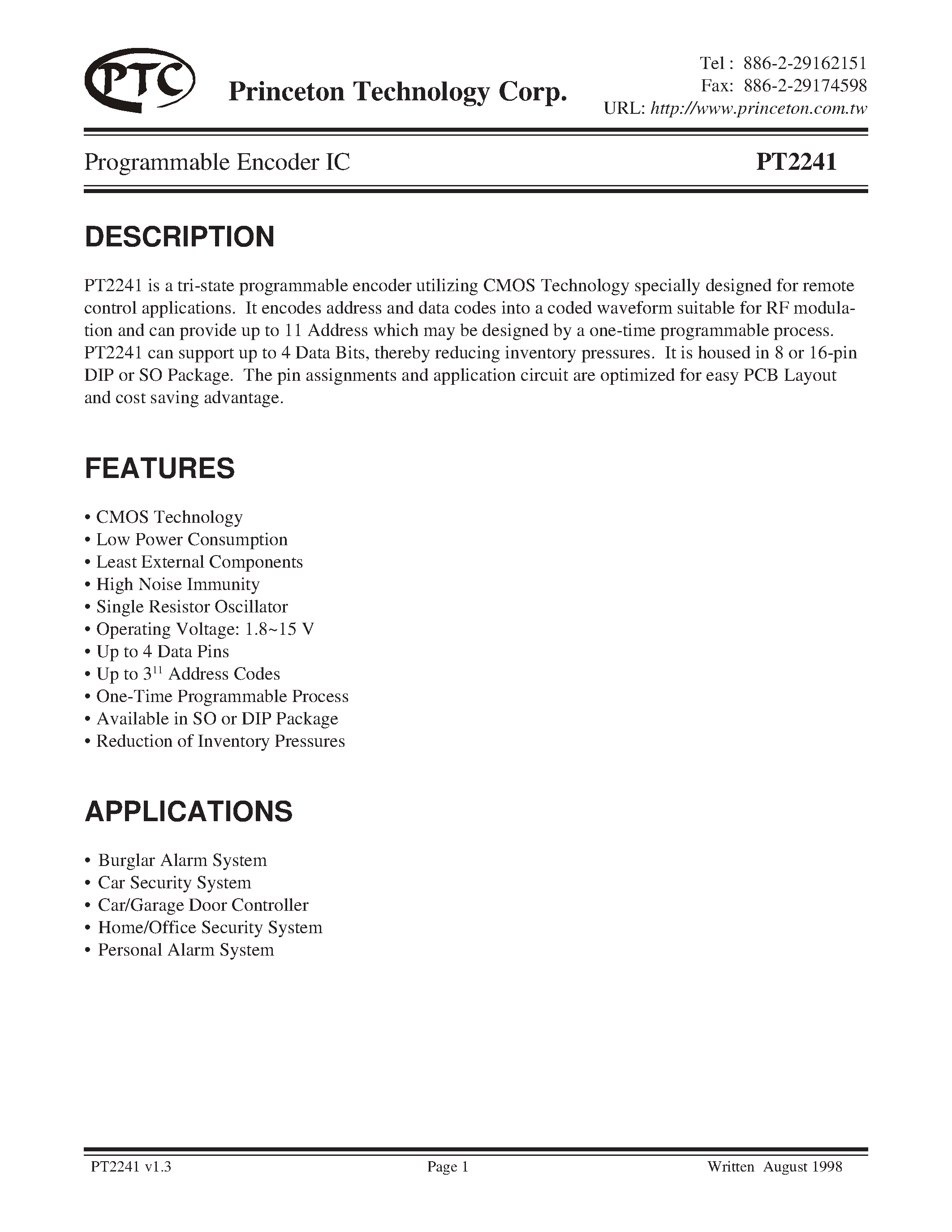 Datasheet PT2241P-S - Programmable Encoder IC page 1