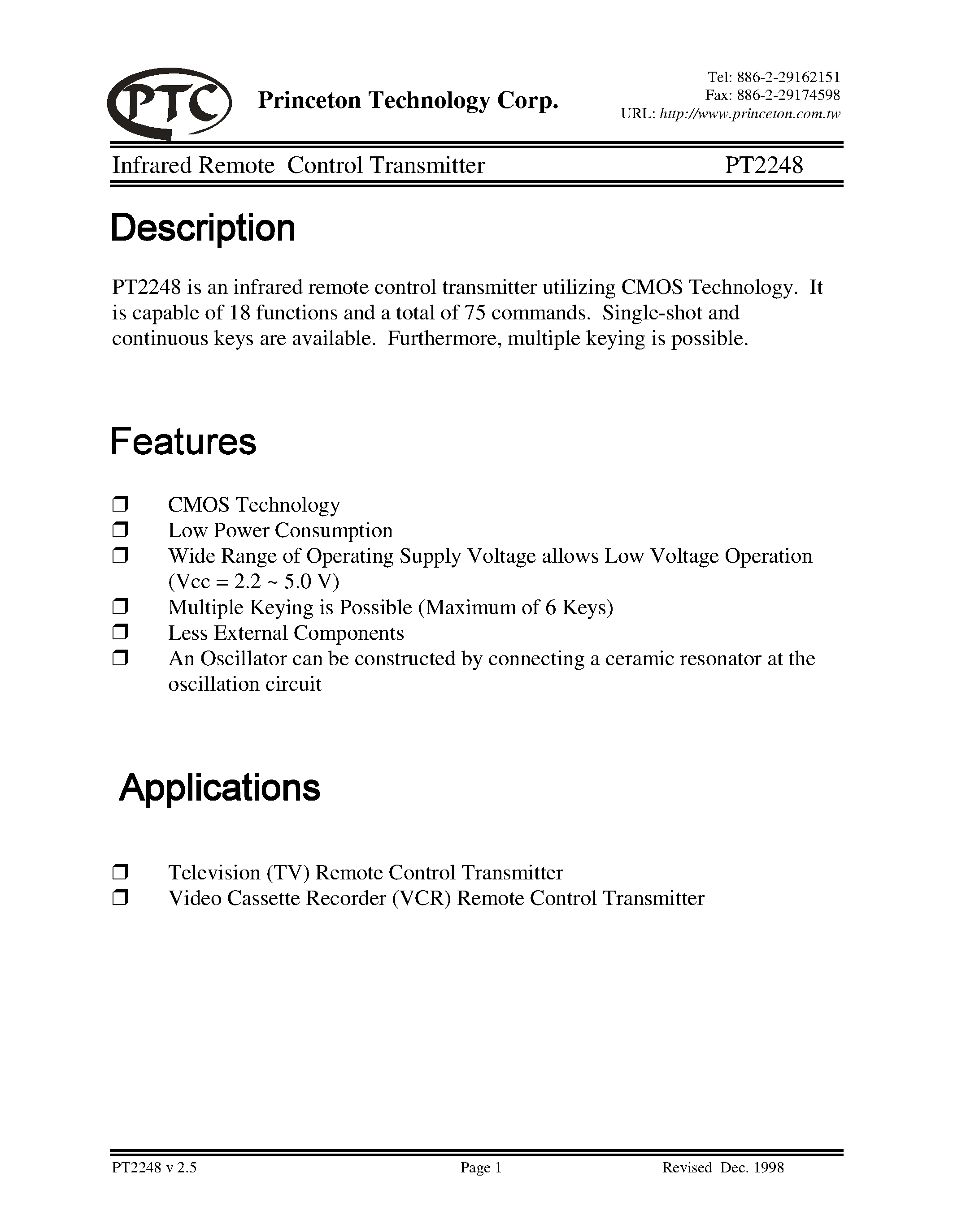Datasheet PT2248-S - Infrared Remote Control Transmitter page 1
