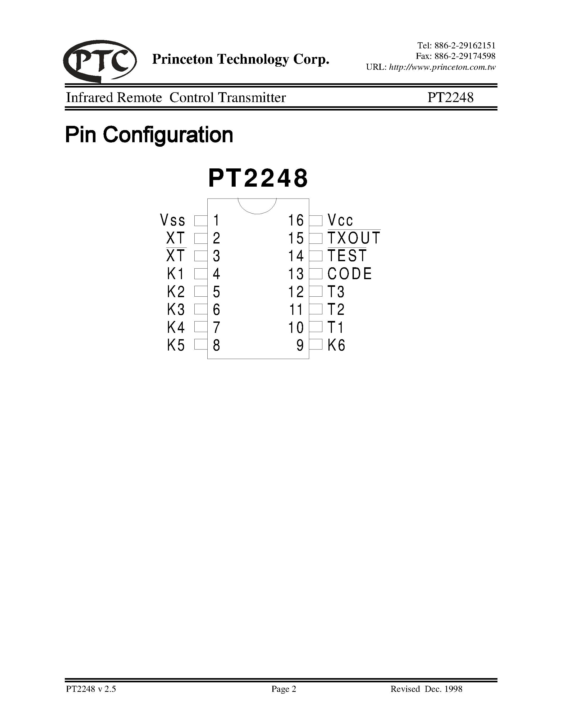 Datasheet PT2248-S - Infrared Remote Control Transmitter page 2