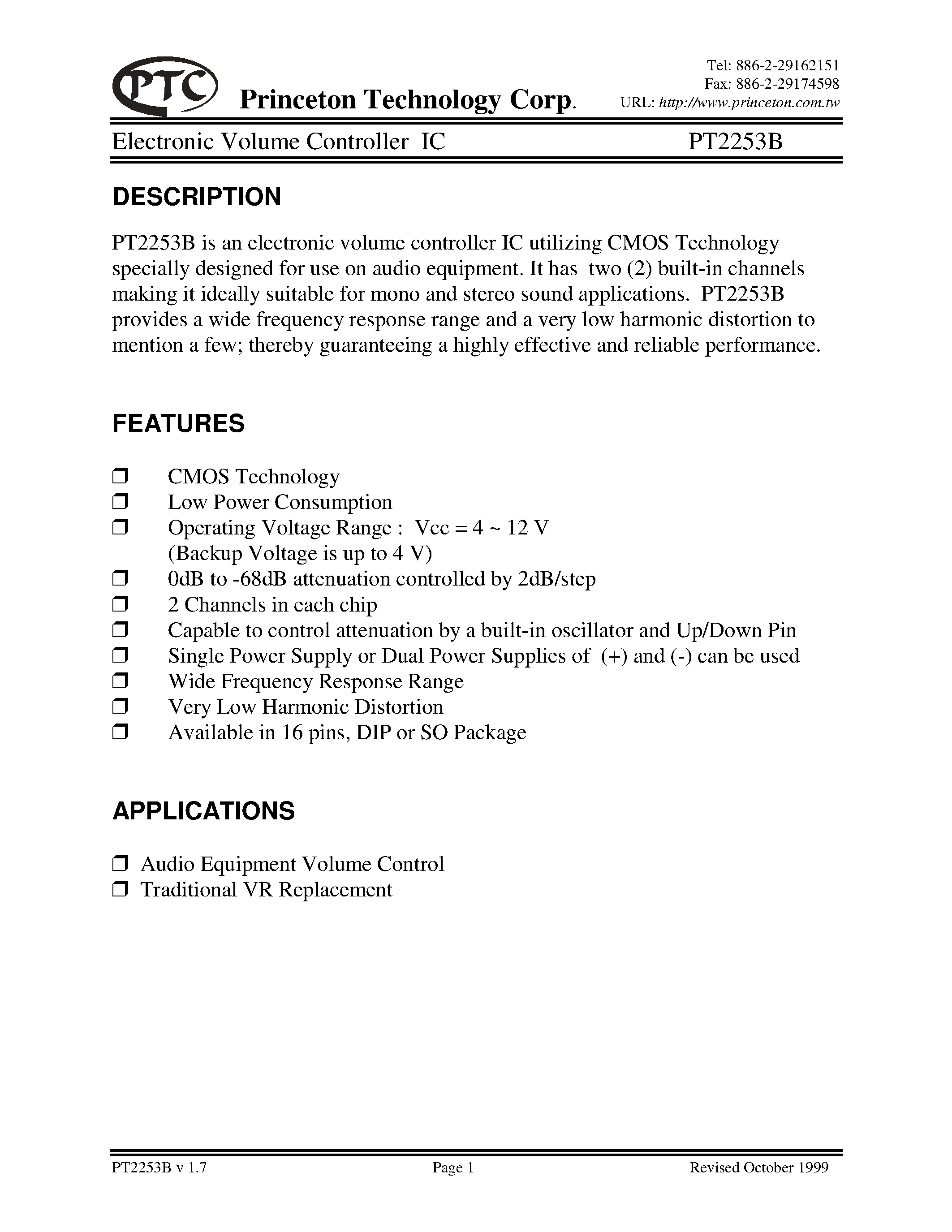 Datasheet PT2253B-D page 1 Datasheet PT2253B-D - Electronic Volume Controller IC page 1