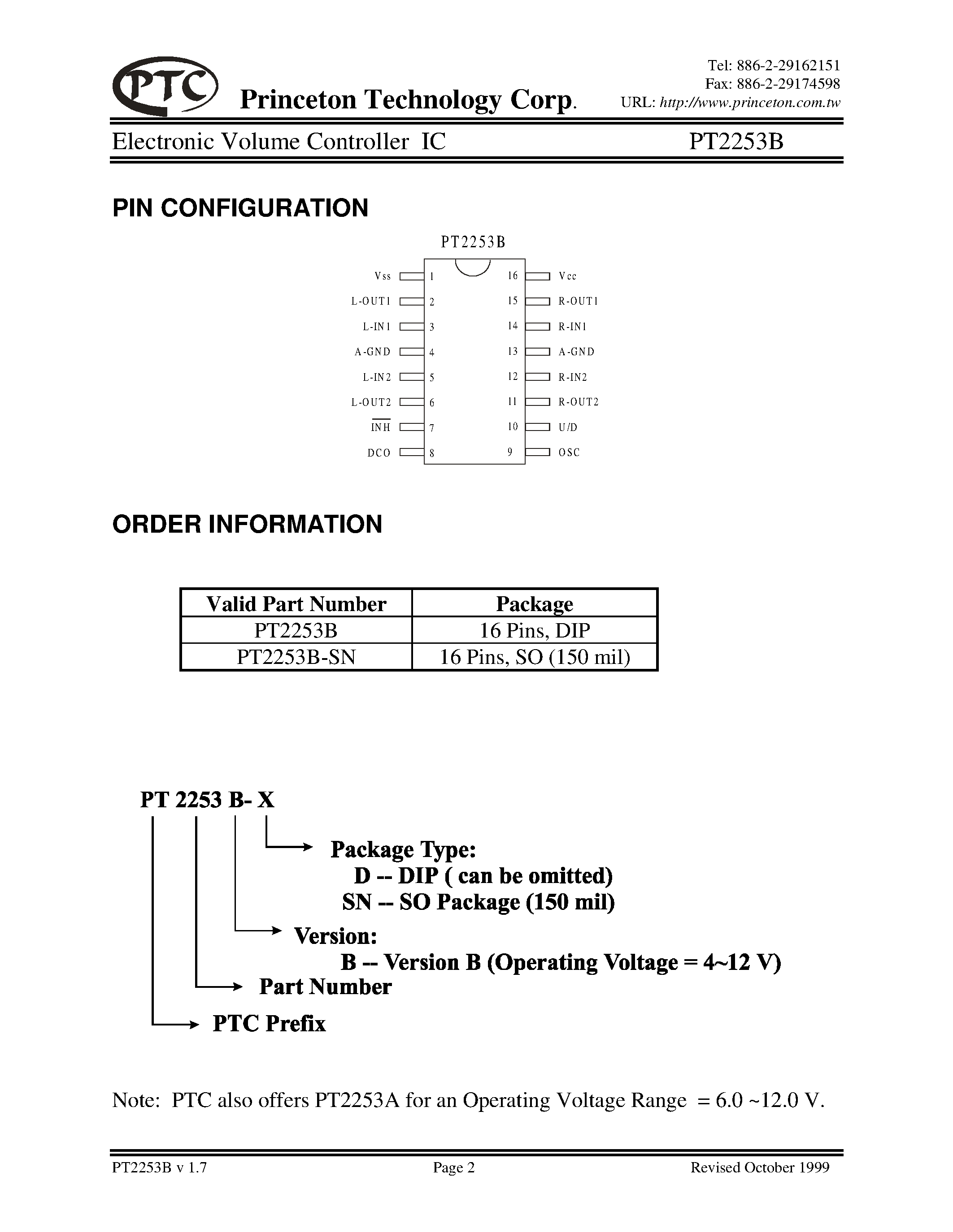 Datasheet PT2253B-D page 2 Datasheet PT2253B-D - Electronic Volume Controller IC page 2