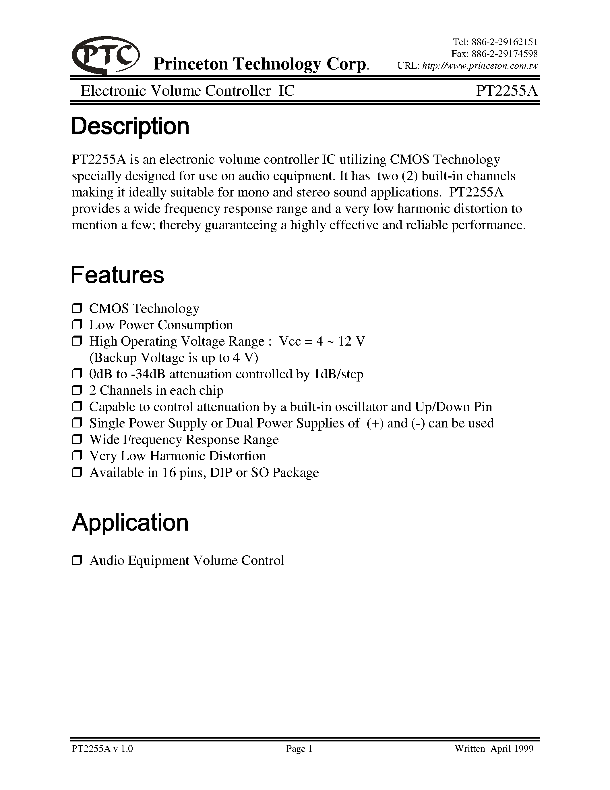 Datasheet PT2255A-D page 1 Datasheet PT2255A-D - Electronic Volume Controller IC page 1