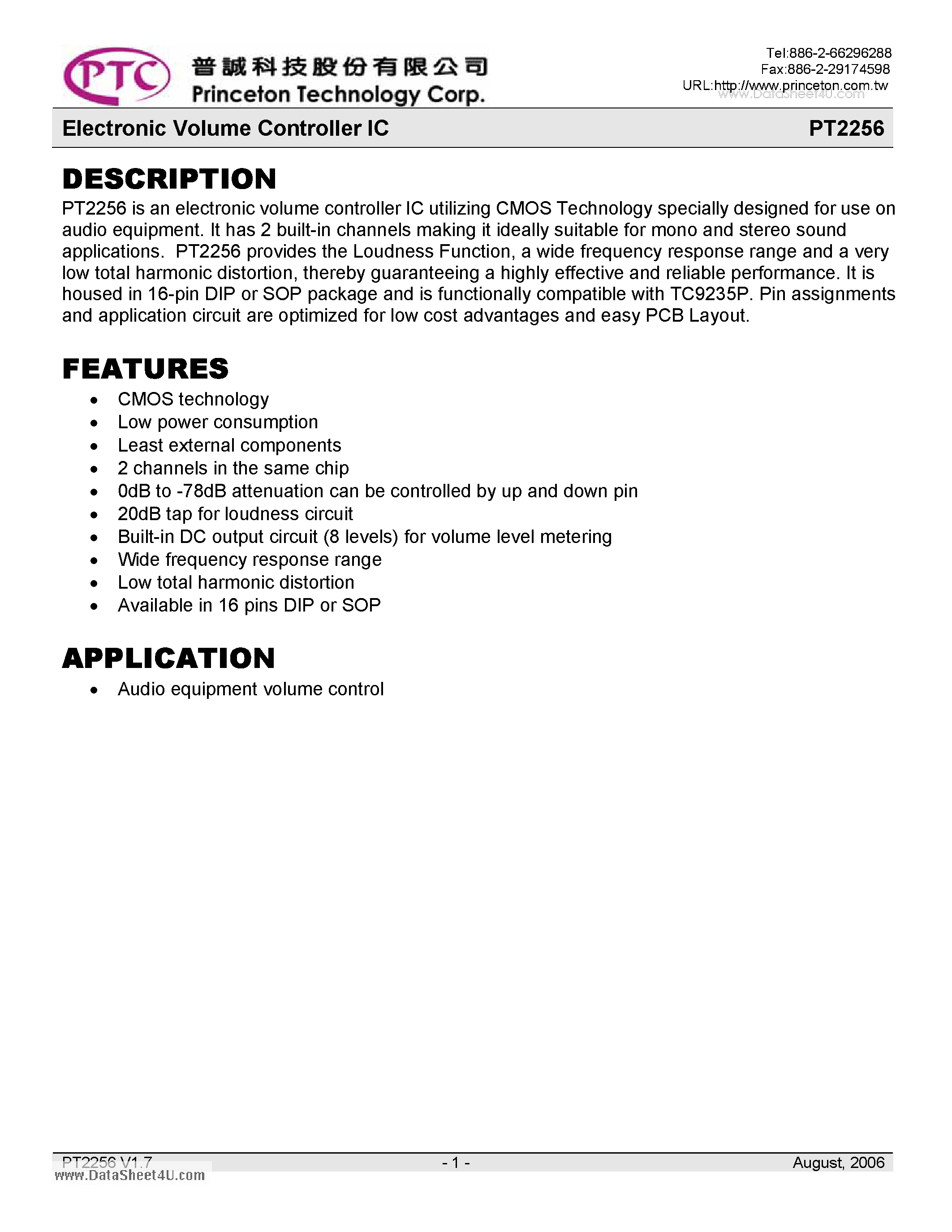 Datasheet PT2256-S - Electronic Volume Controller IC page 1