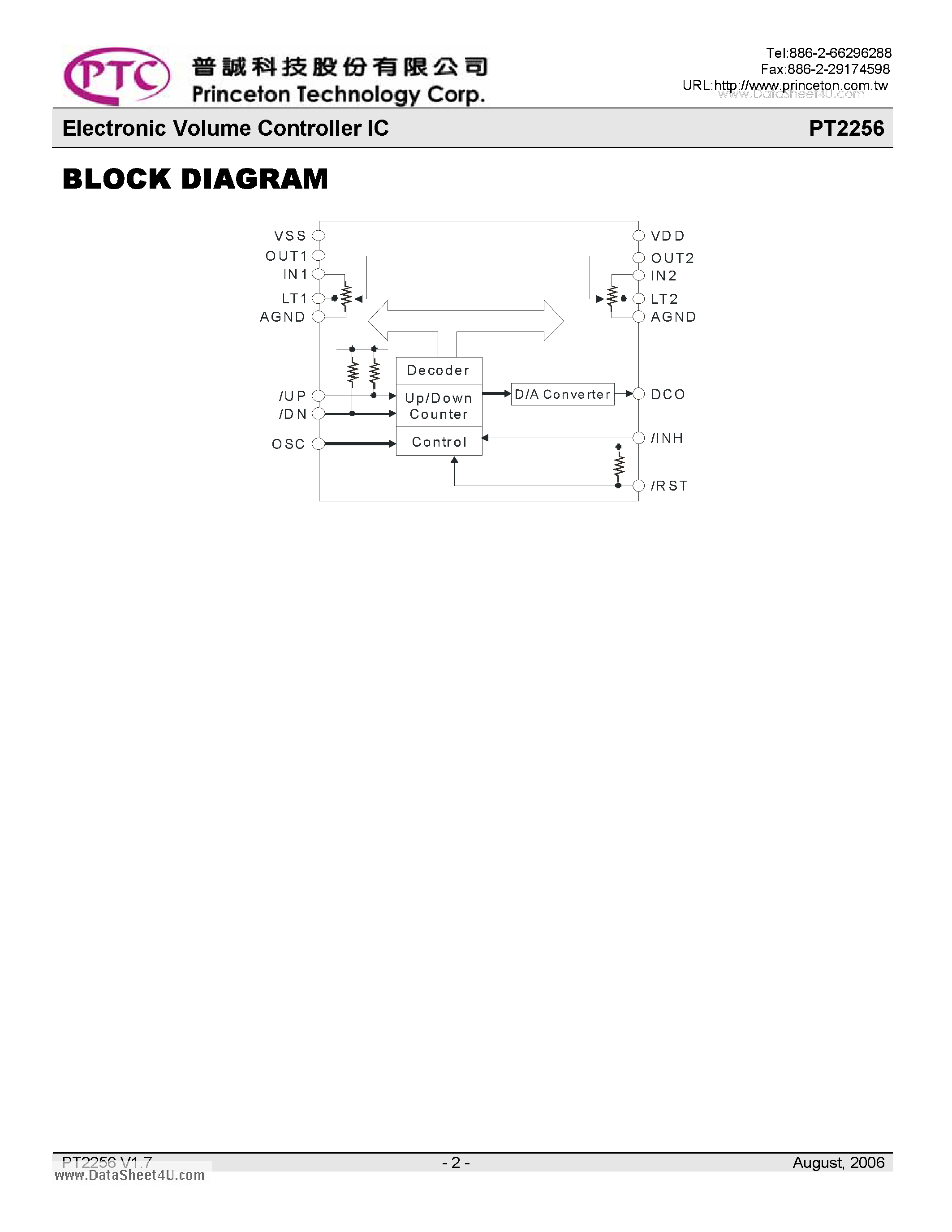 Datasheet PT2256-S - Electronic Volume Controller IC page 2