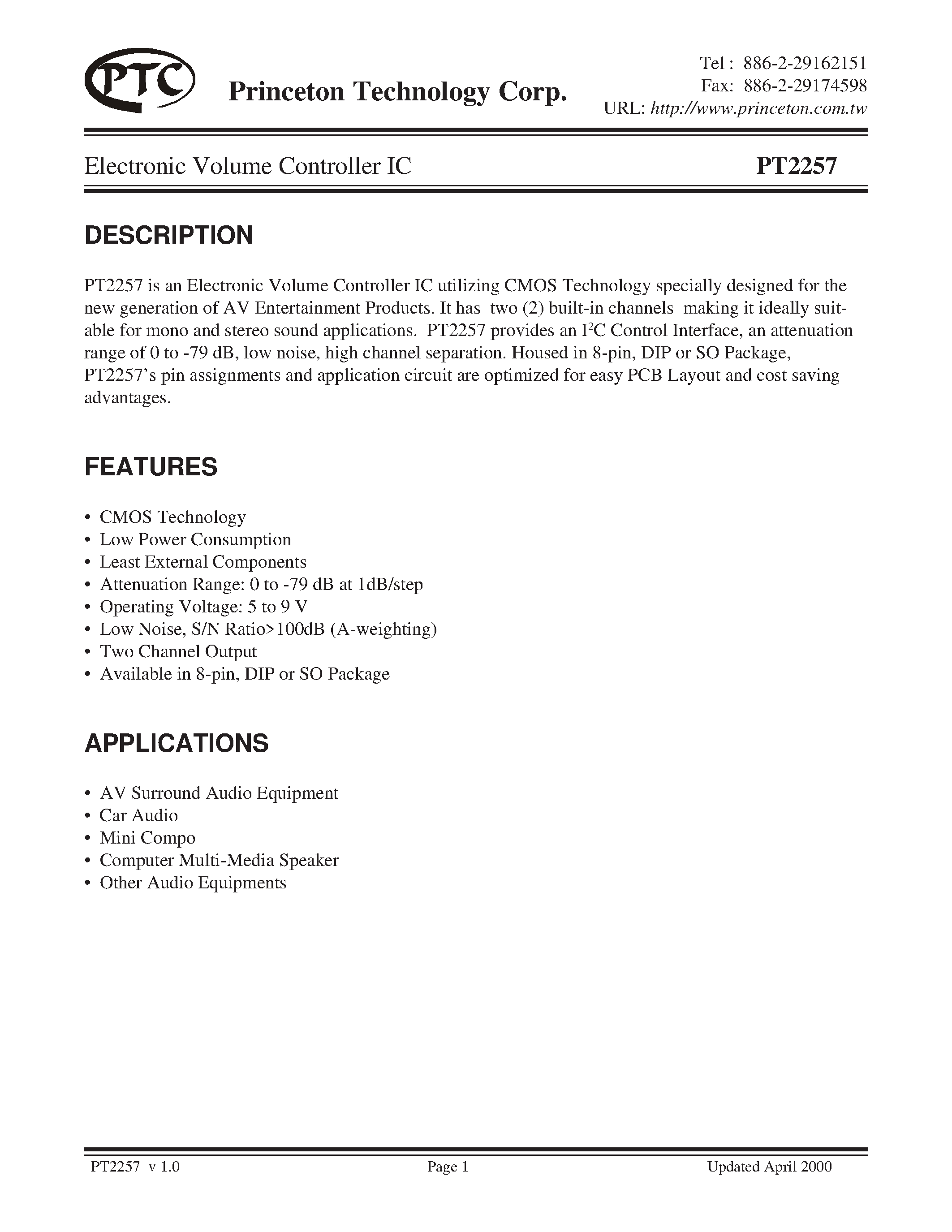 Datasheet PT2257-S - Electronic Volume Controller IC page 1