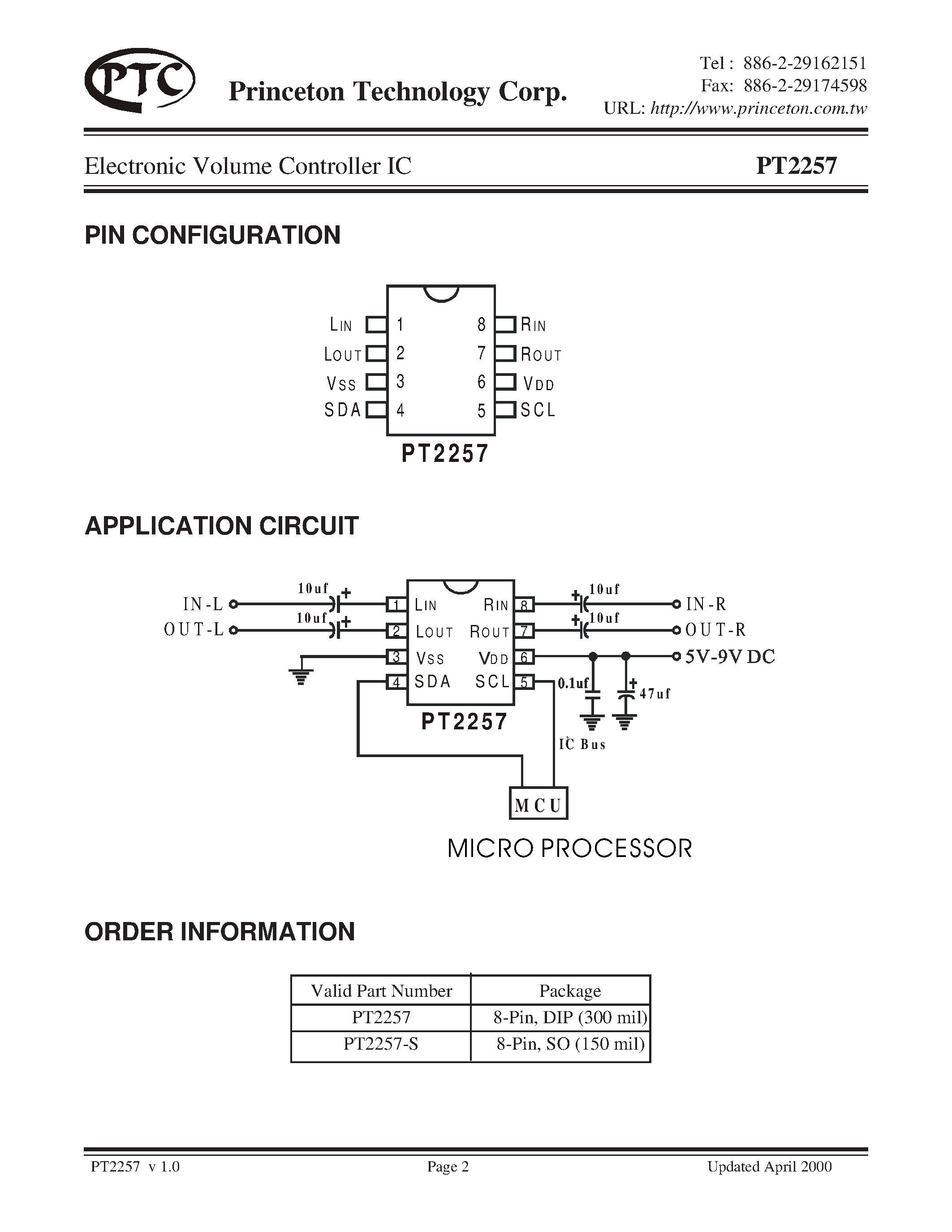 Datasheet PT2257-S - Electronic Volume Controller IC page 2