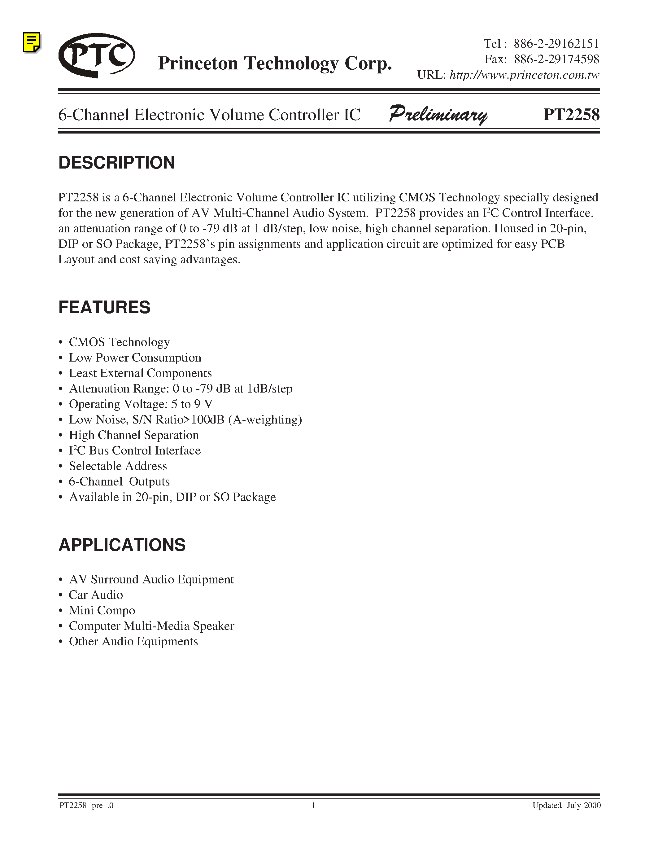 Datasheet PT2258 - 6-Channel Electronic Volume Controller IC page 1