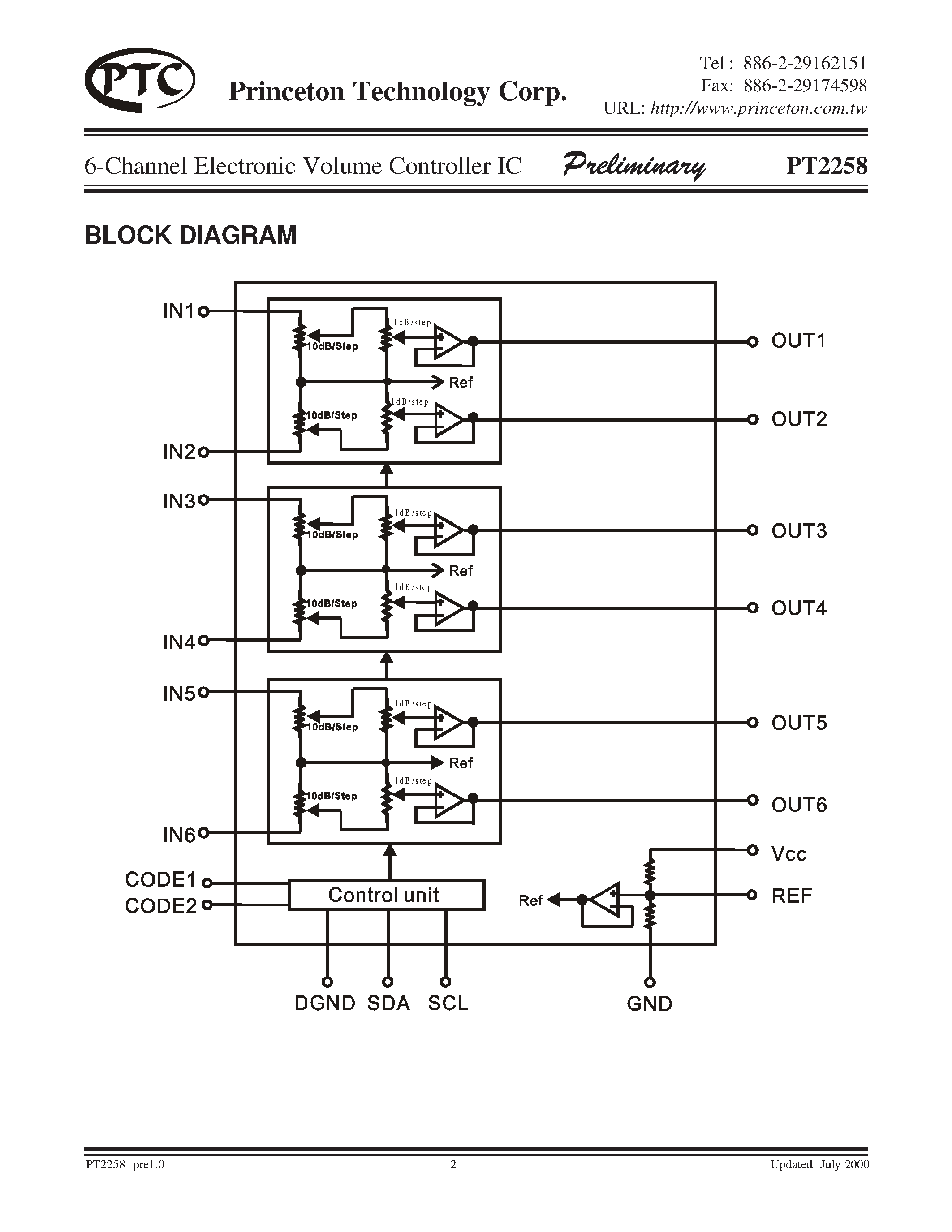 Datasheet PT2258 - 6-Channel Electronic Volume Controller IC page 2