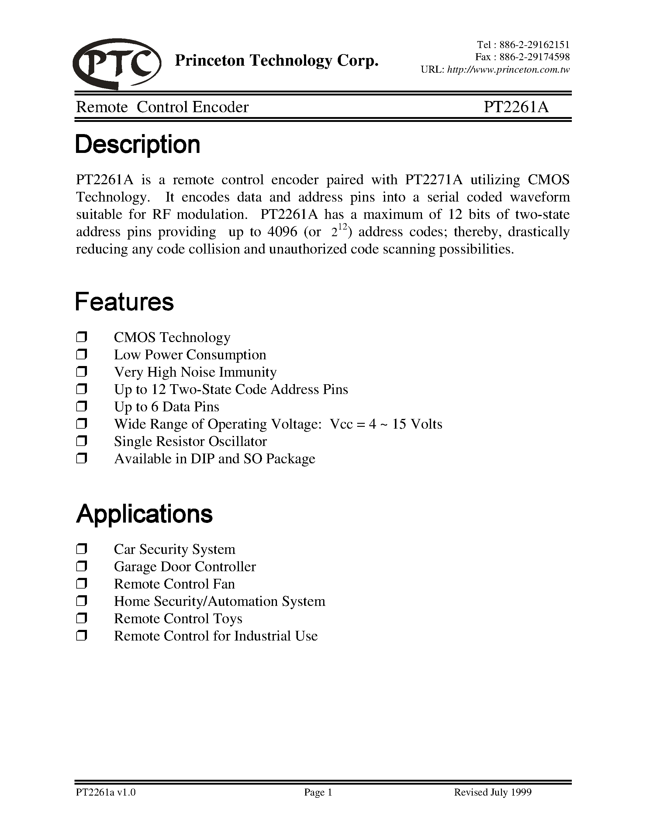 Datasheet PT2261A-S - Remote Control Encoder page 1