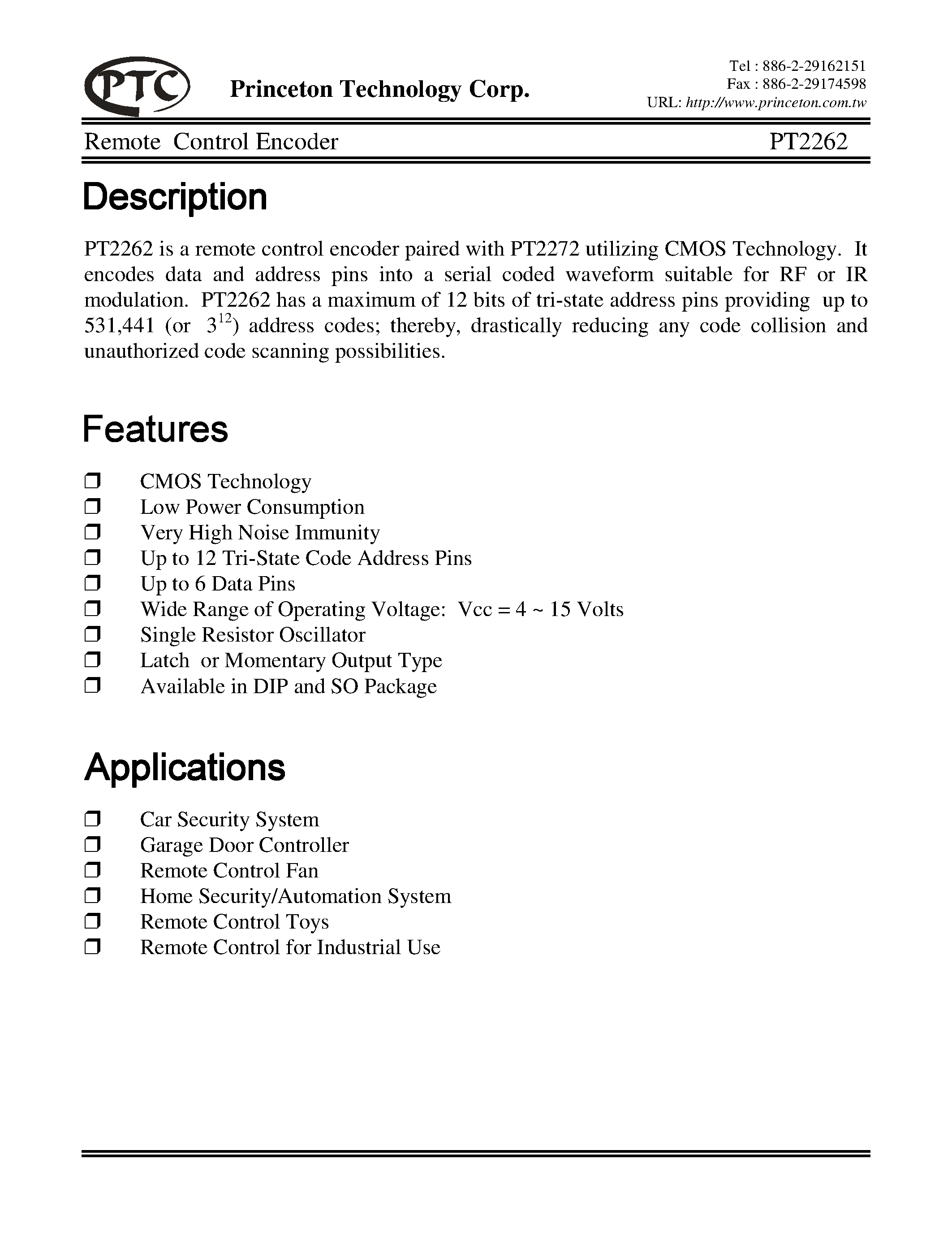 Datasheet PT2262-IR-S - Remote Control Encoder page 1