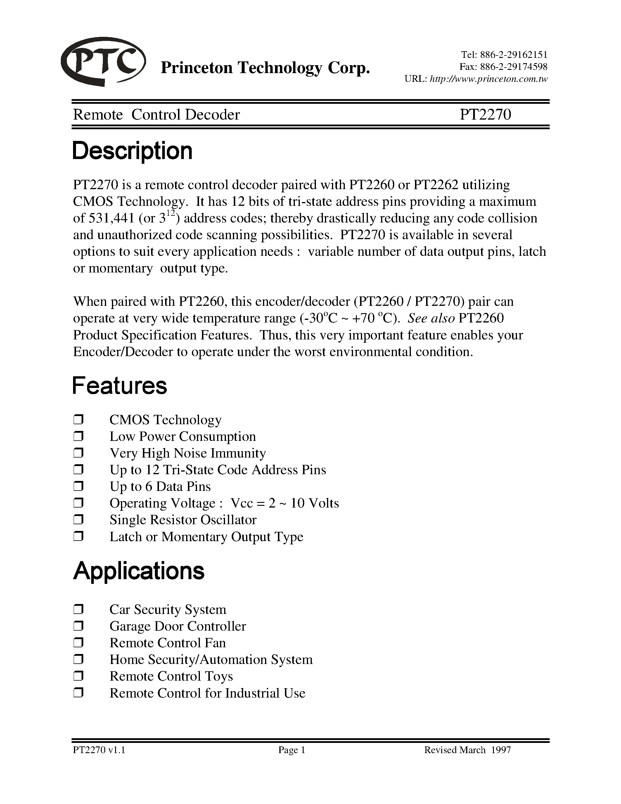 Datasheet PT2270-L5-S - Remote Control Decoder page 1