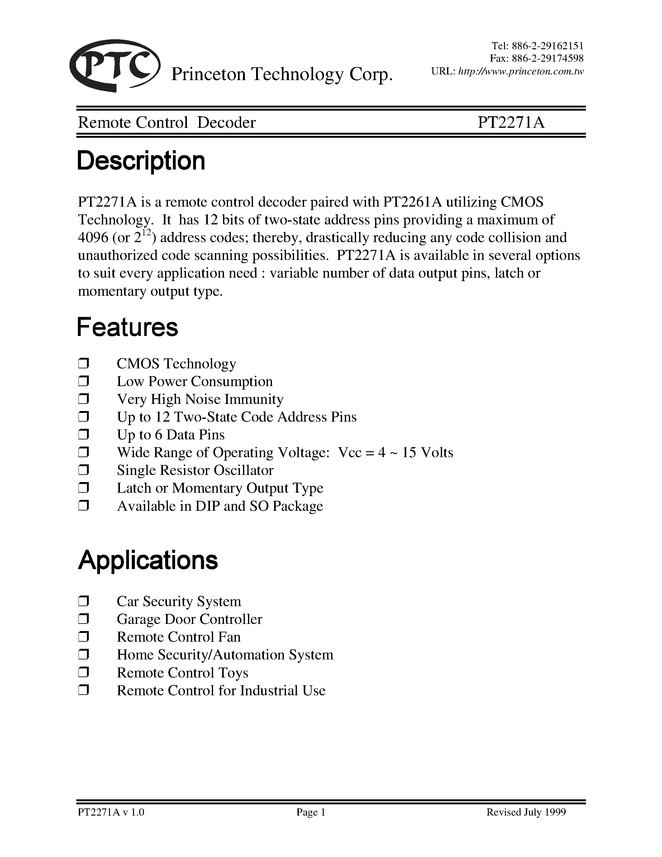 Datasheet PT2271A-S page 1 Datasheet PT2271A-S - Remote Control Decoder page 1
