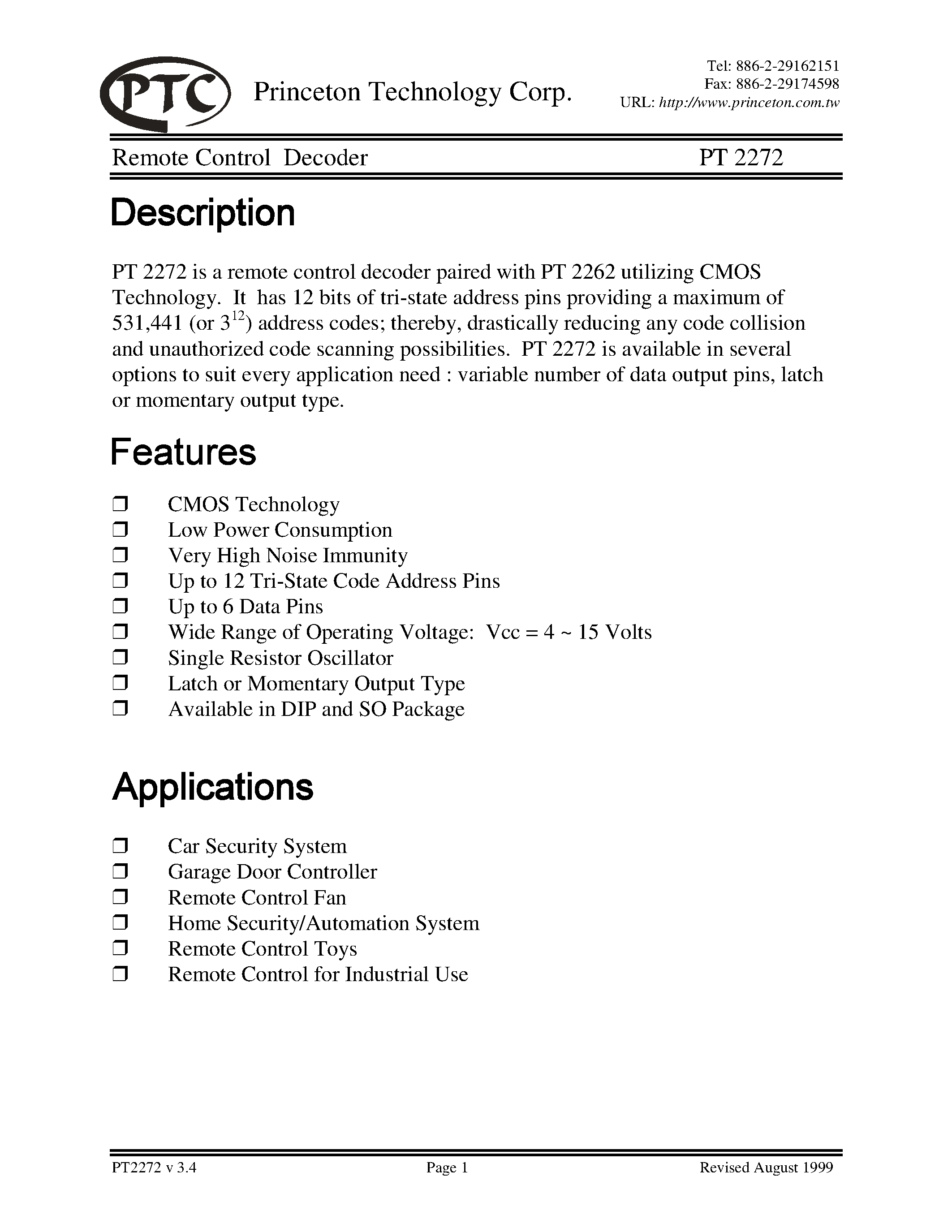 Datasheet PT2272-S - Remote Control Decoder page 1
