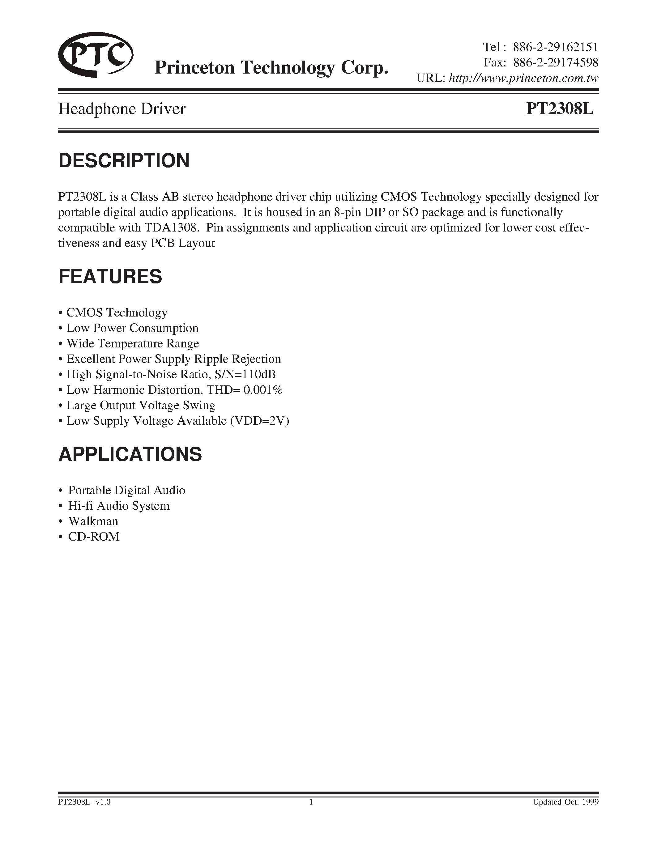 Datasheet PT2308L-S - Headphone Driver page 1