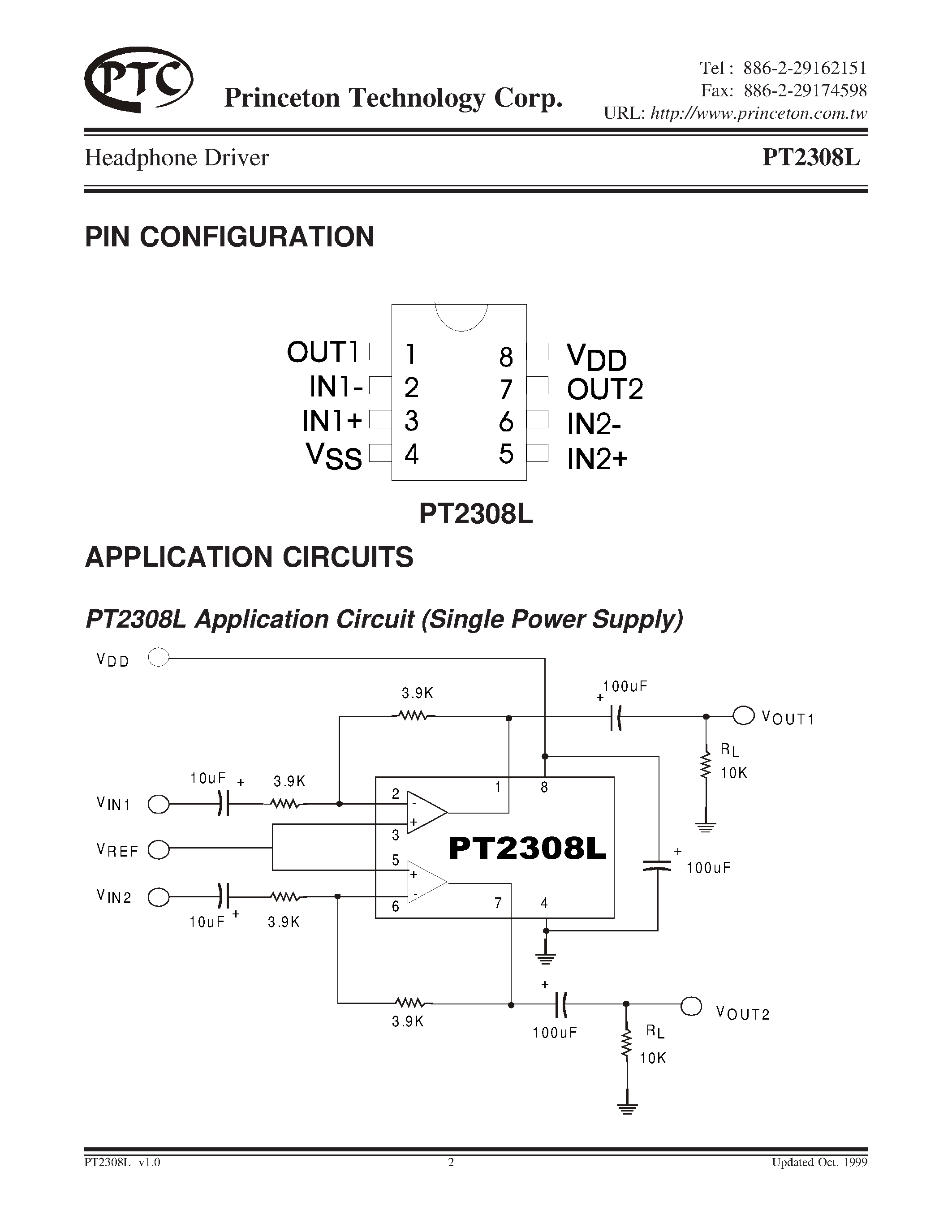Datasheet PT2308L-S - Headphone Driver page 2