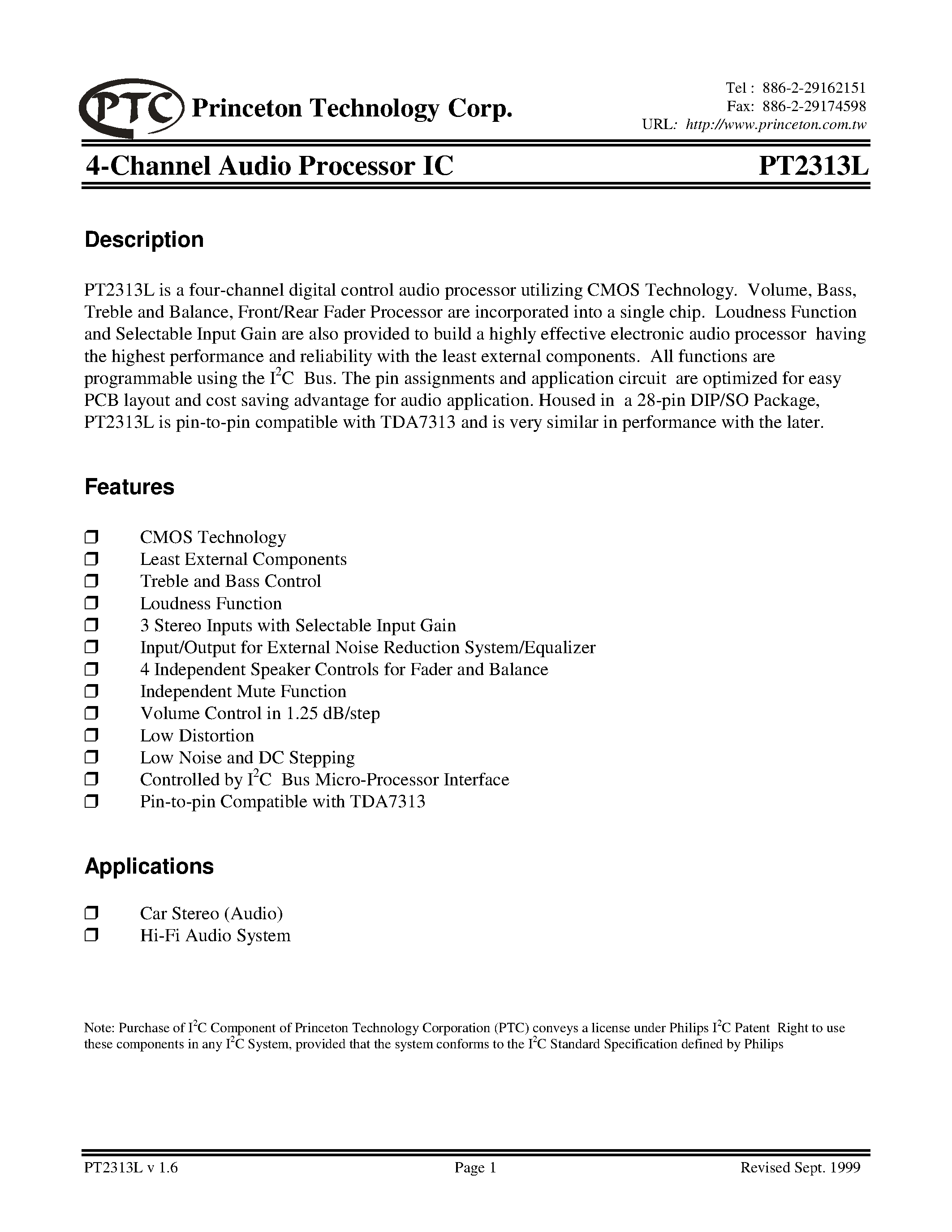 Datasheet PT2313L - 4-Channel Audio Processor IC page 1