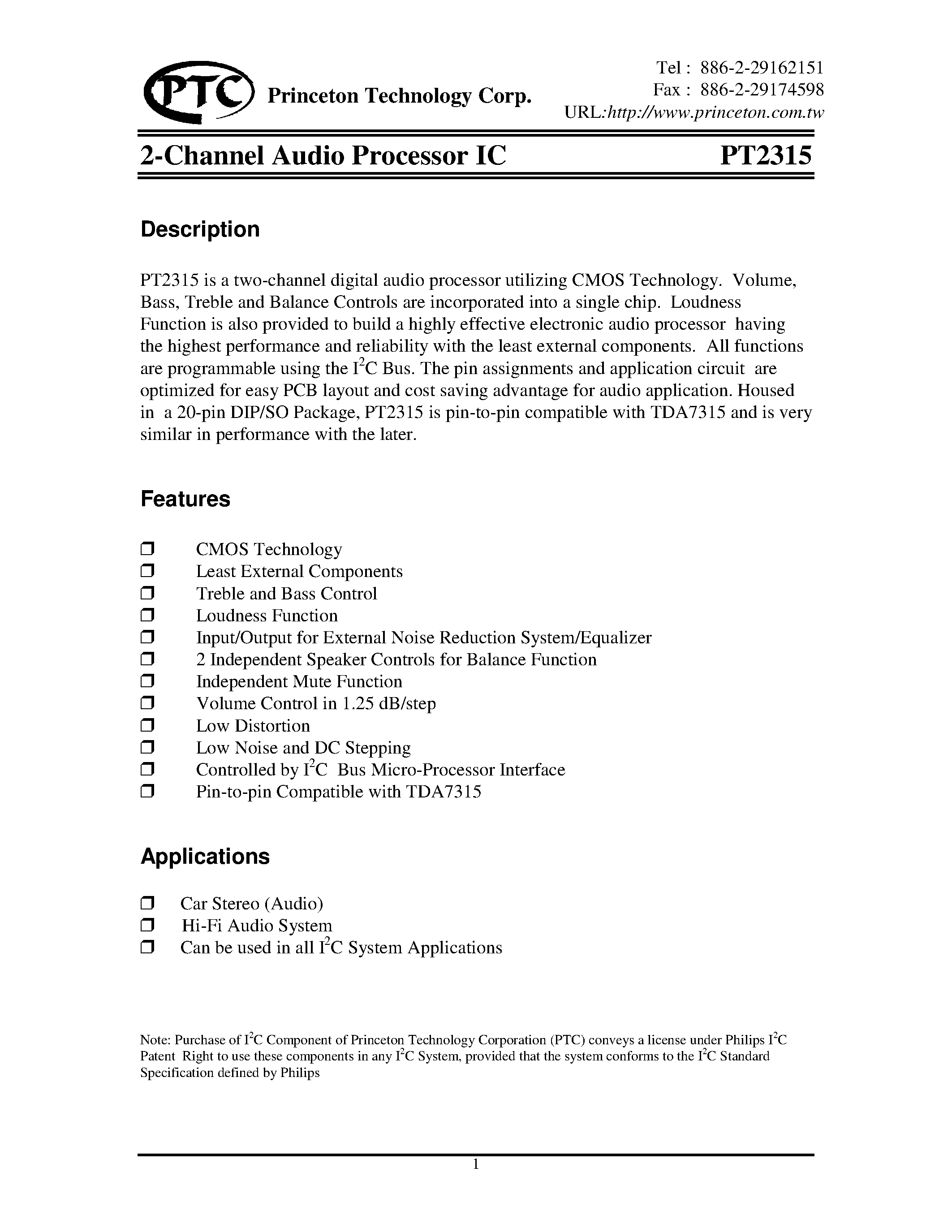 Datasheet PT2315 page 1 Datasheet PT2315 - 2-Channel Audio Processor IC page 1