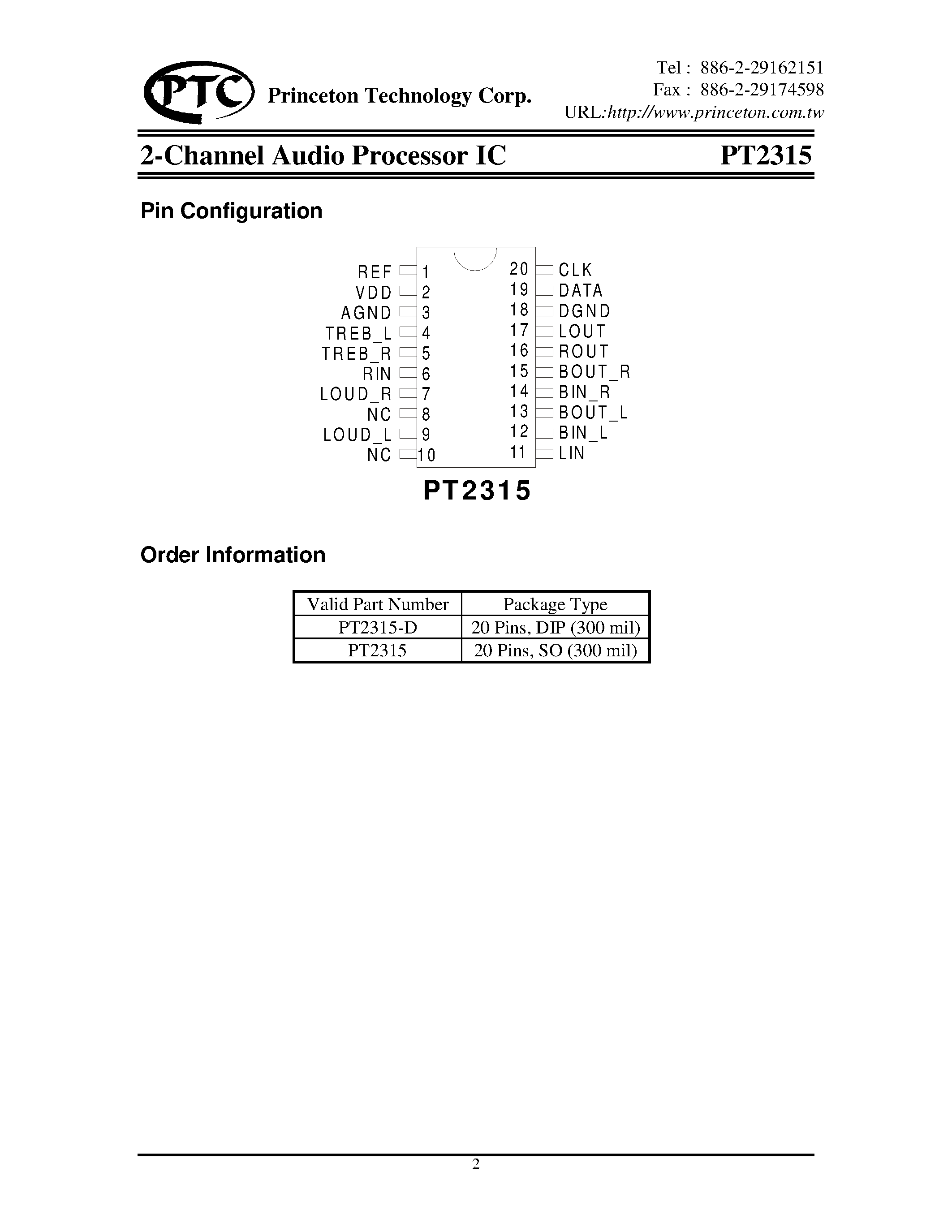 Datasheet PT2315-D page 2 Datasheet PT2315-D - 2-Channel Audio Processor IC page 2