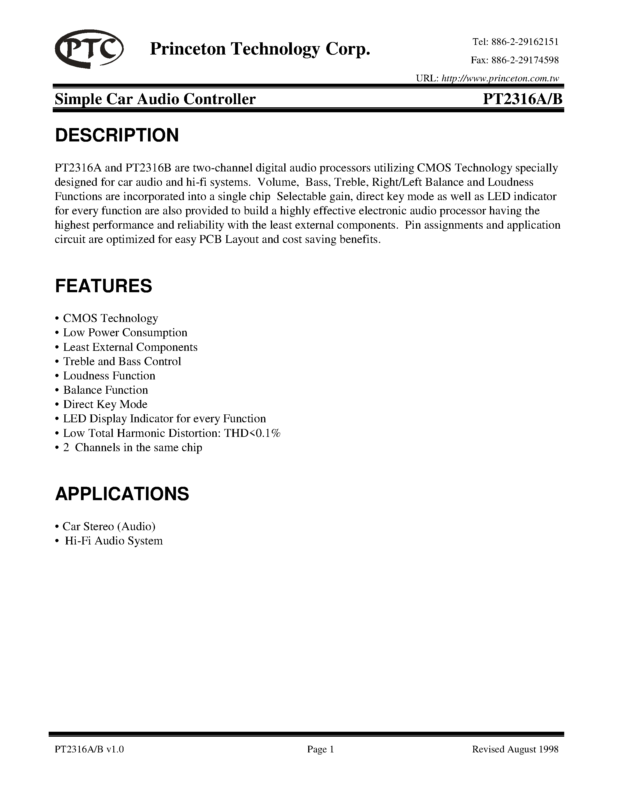 Datasheet PT2316B-S - Simple Car Audio Controller page 1