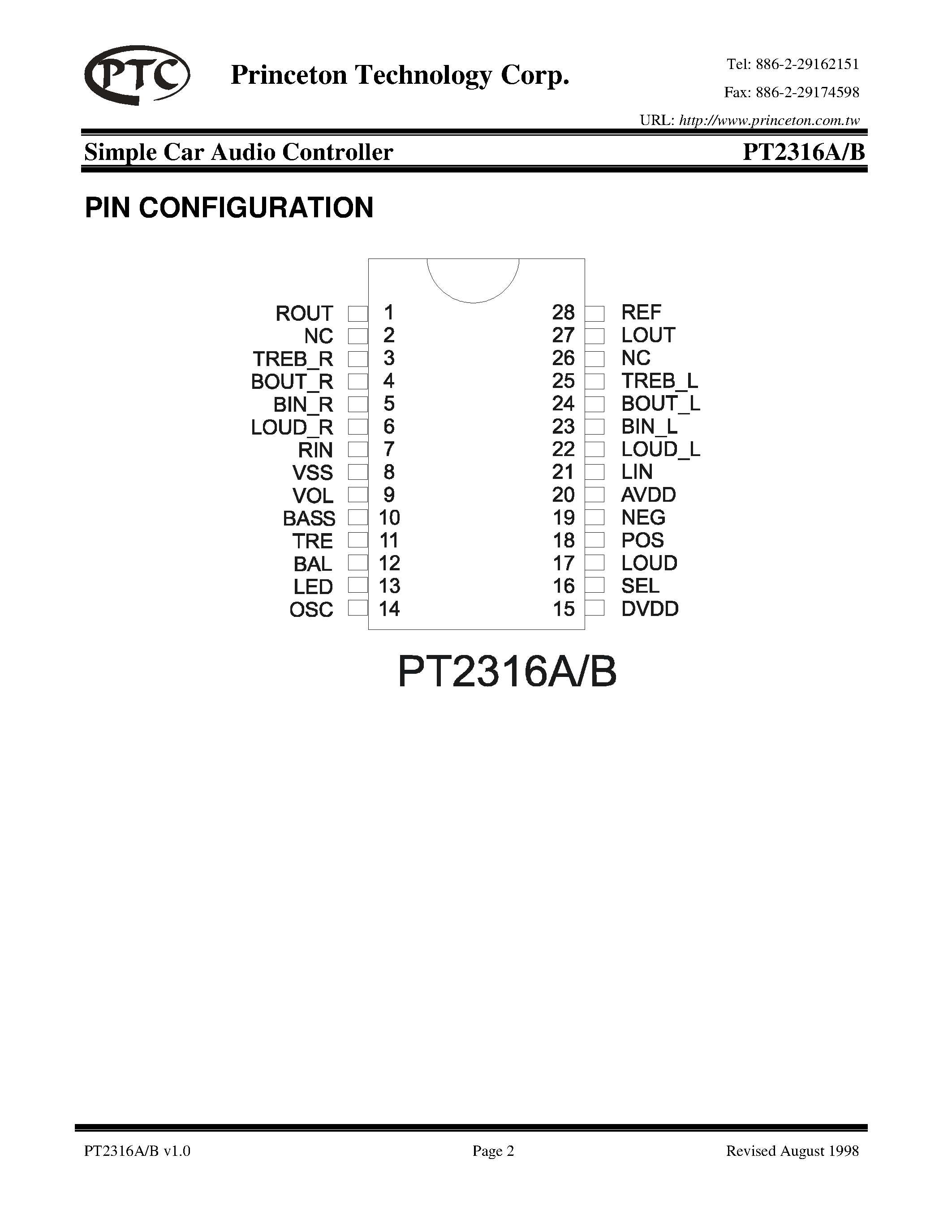 Datasheet PT2316B-S - Simple Car Audio Controller page 2