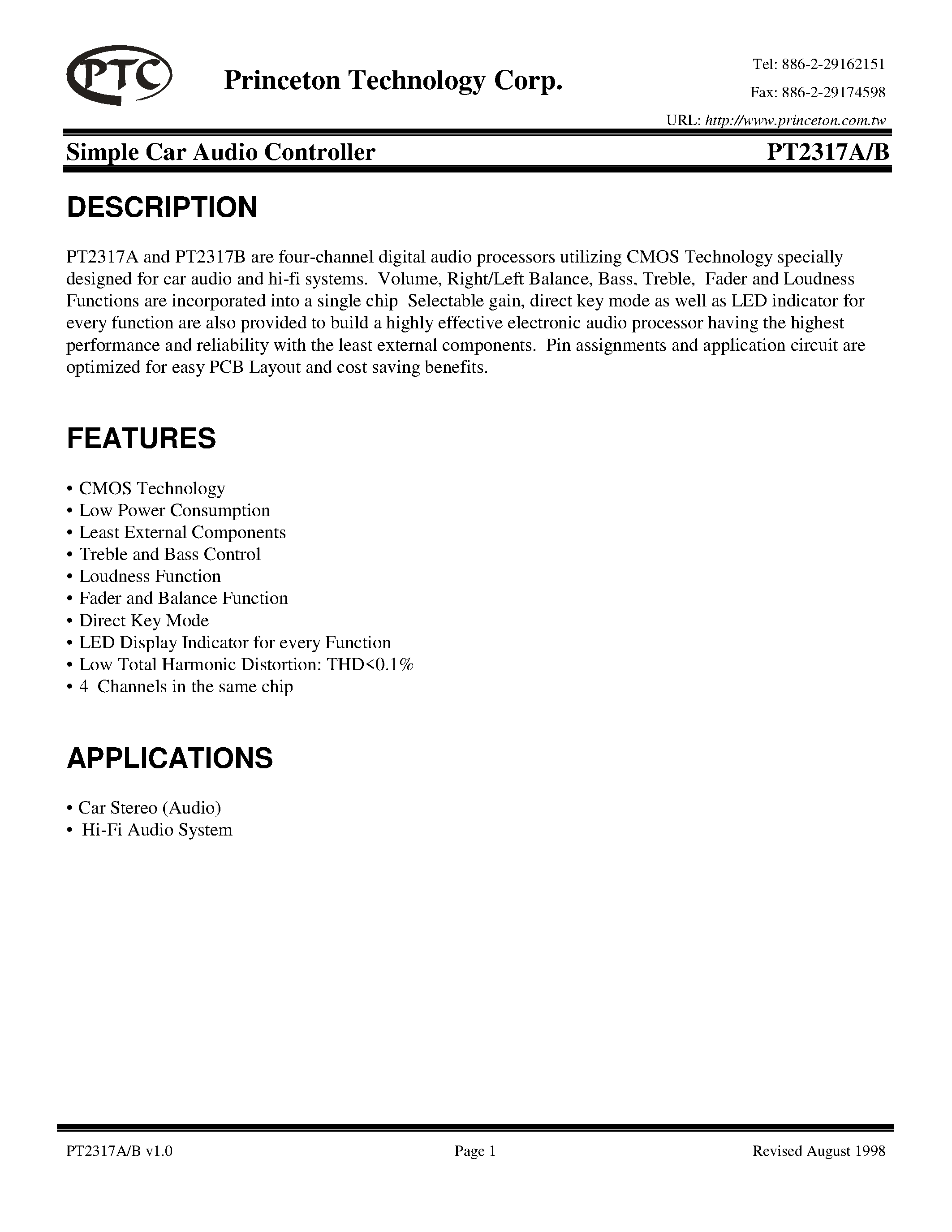 Datasheet PT2317A-S - Simple Car Audio Controller page 1