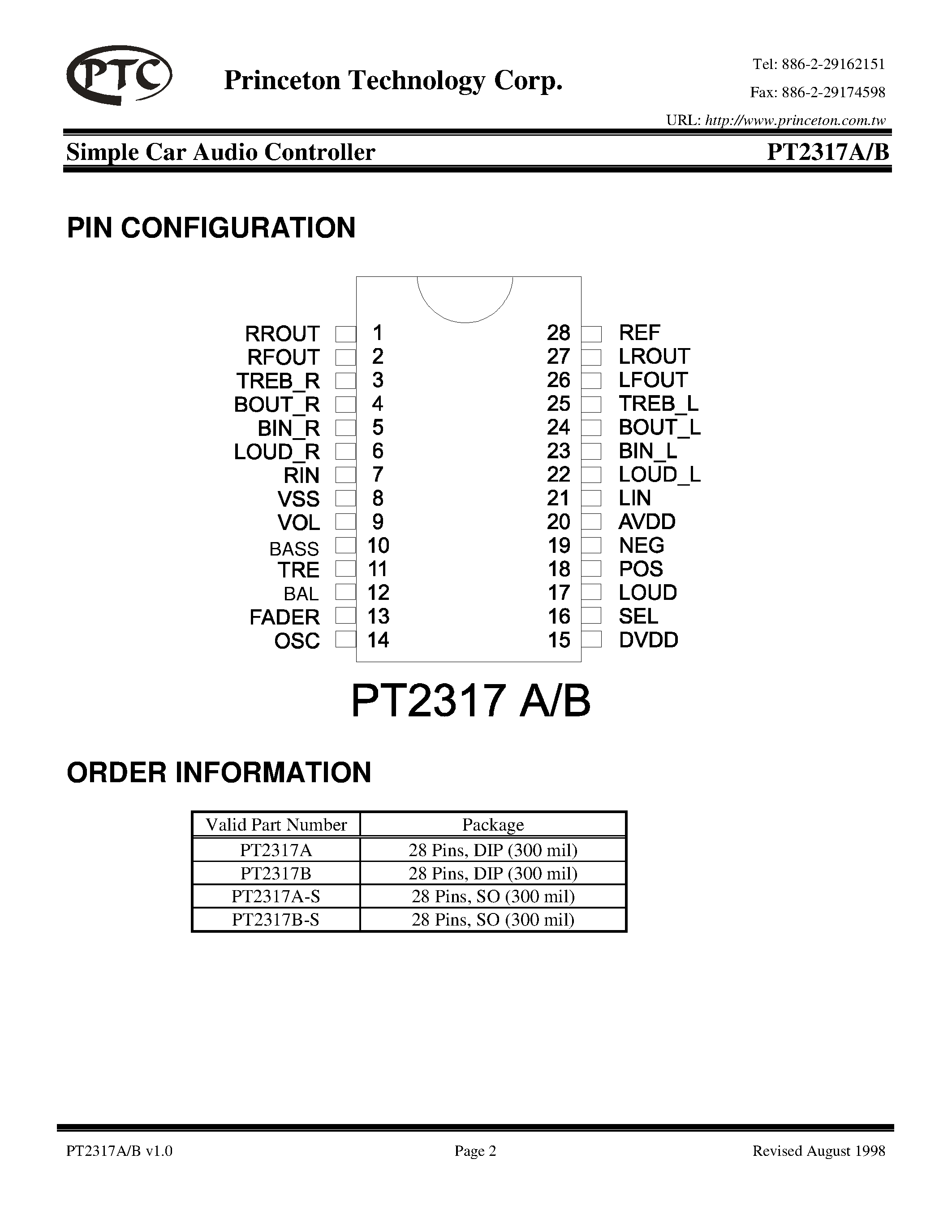 Datasheet PT2317A-S - Simple Car Audio Controller page 2