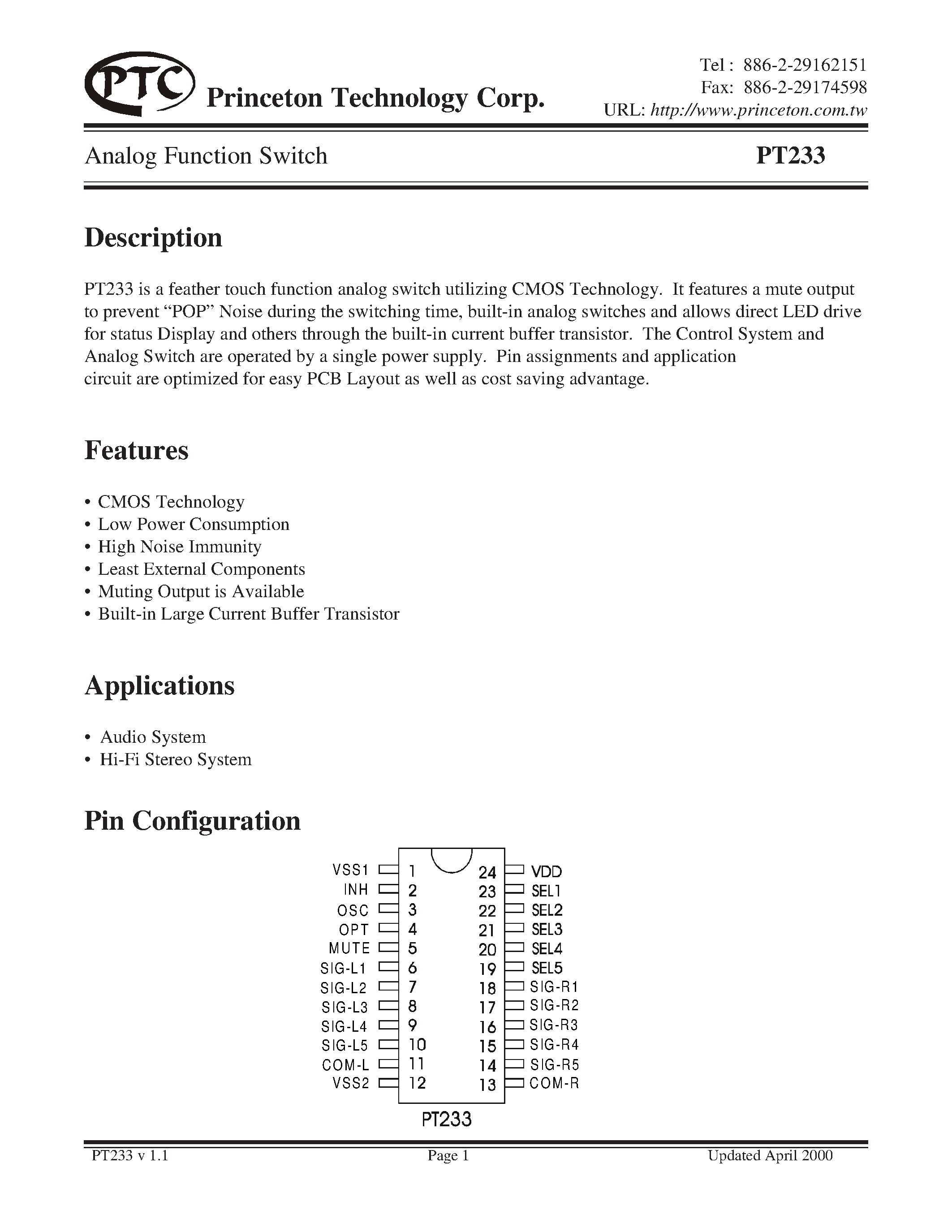 Datasheet PT233 - Analog Function Switch page 1