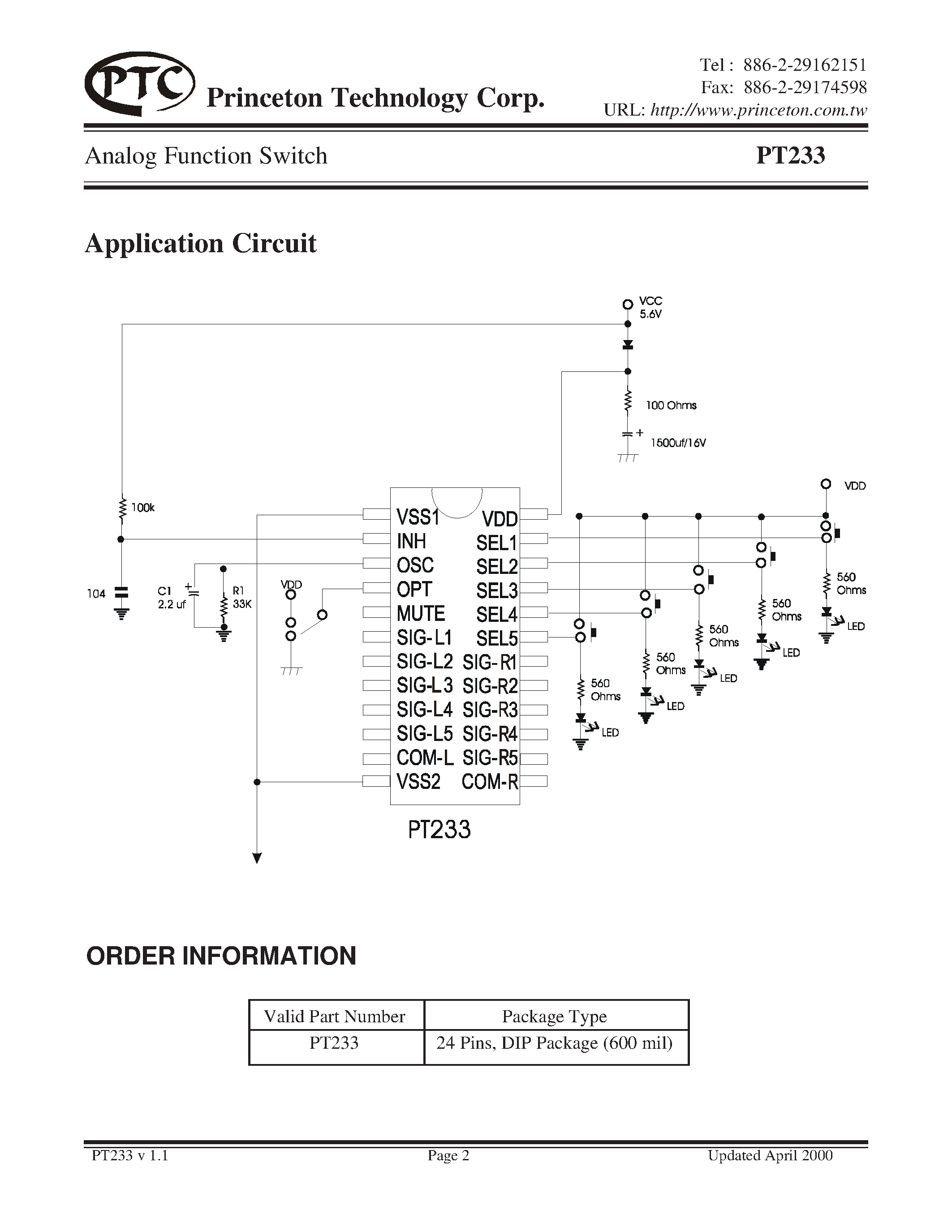 Datasheet PT233 - Analog Function Switch page 2