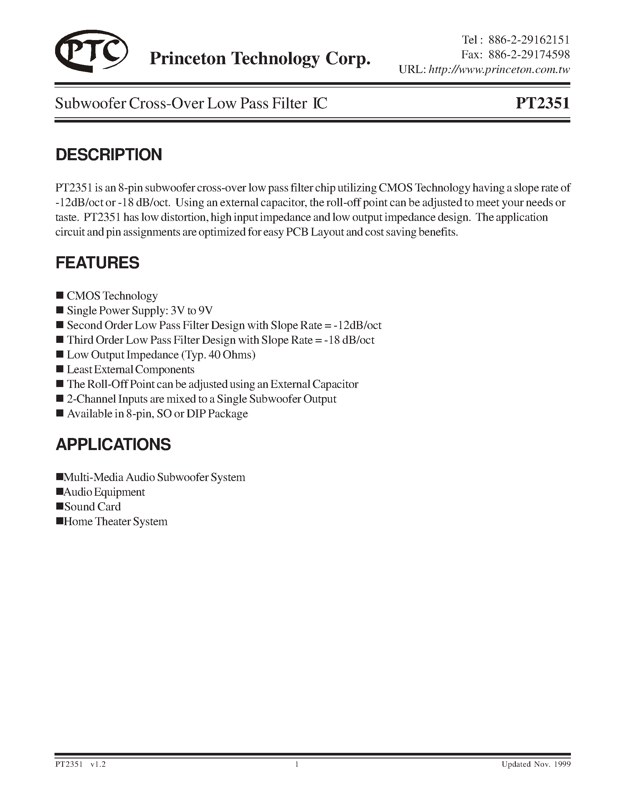 Datasheet PT2351-S - Subwoofer Cross-Over Low Pass Filter IC page 1