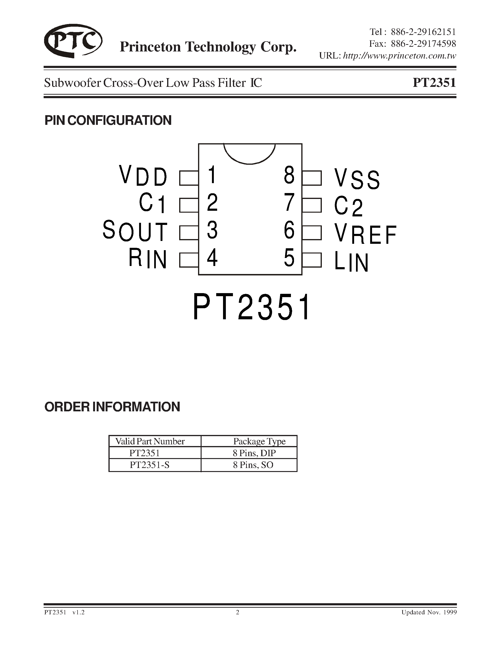 Datasheet PT2351-S - Subwoofer Cross-Over Low Pass Filter IC page 2