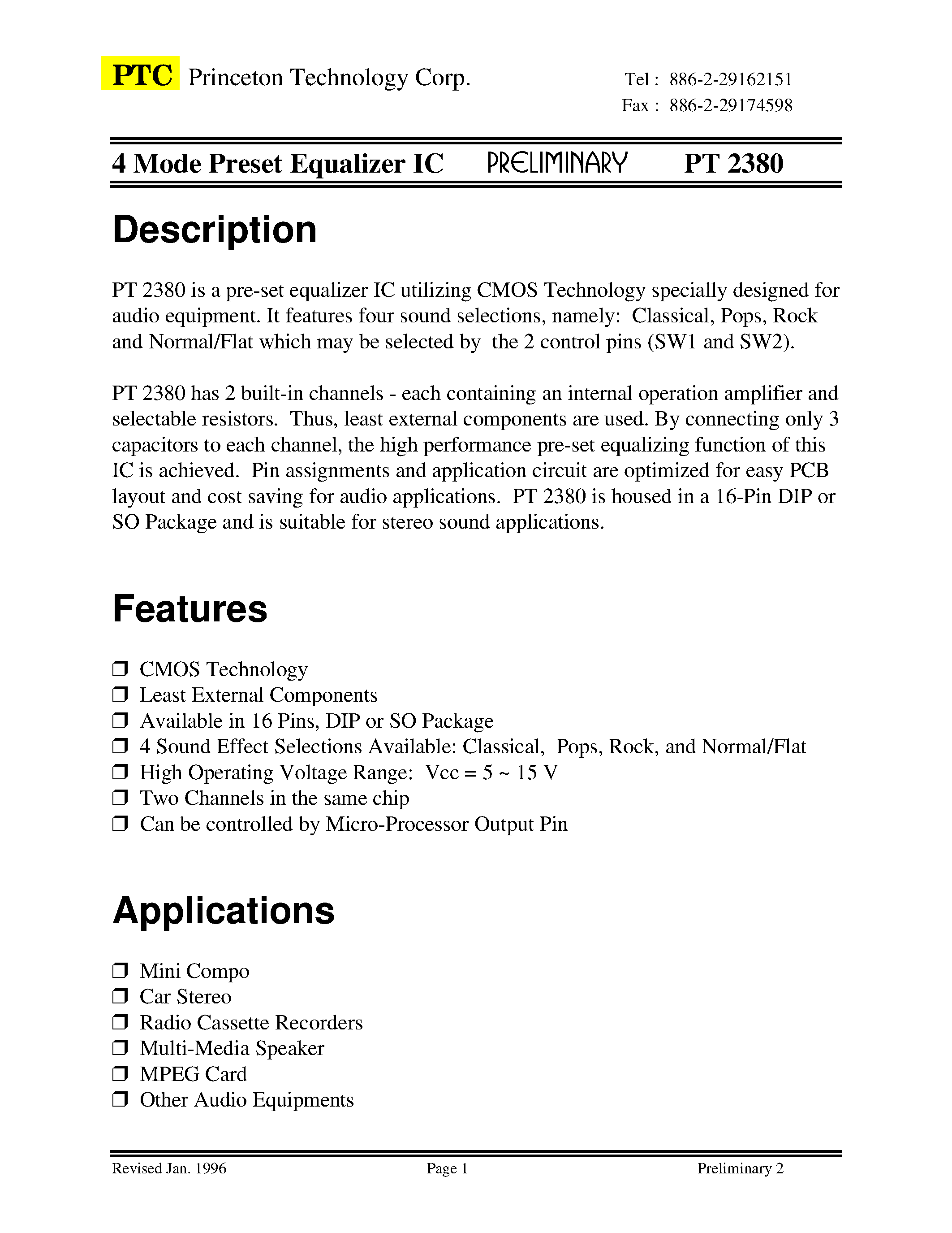 Datasheet PT2380D - 4 Mode Preset Equalizer IC page 1