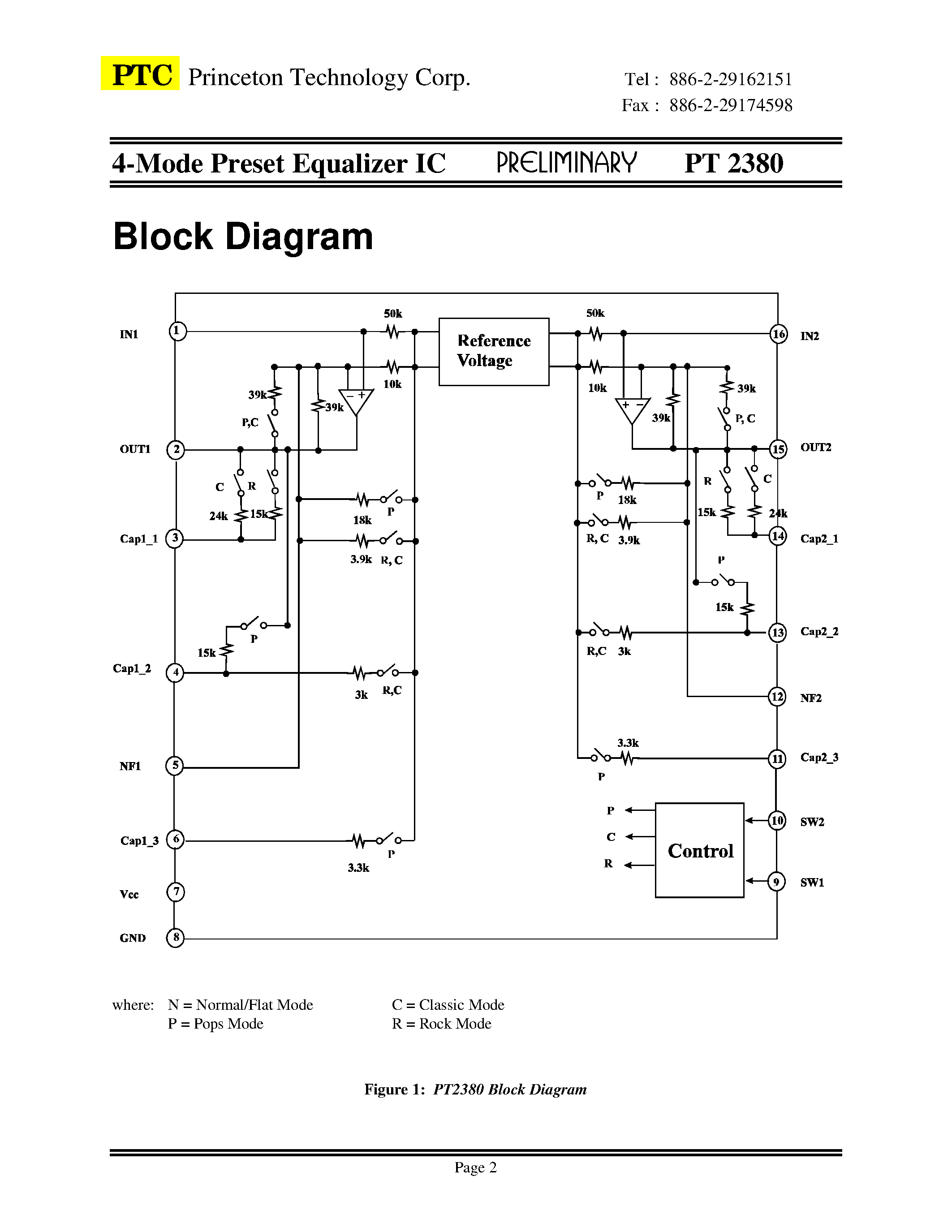 Datasheet PT2380D - 4 Mode Preset Equalizer IC page 2