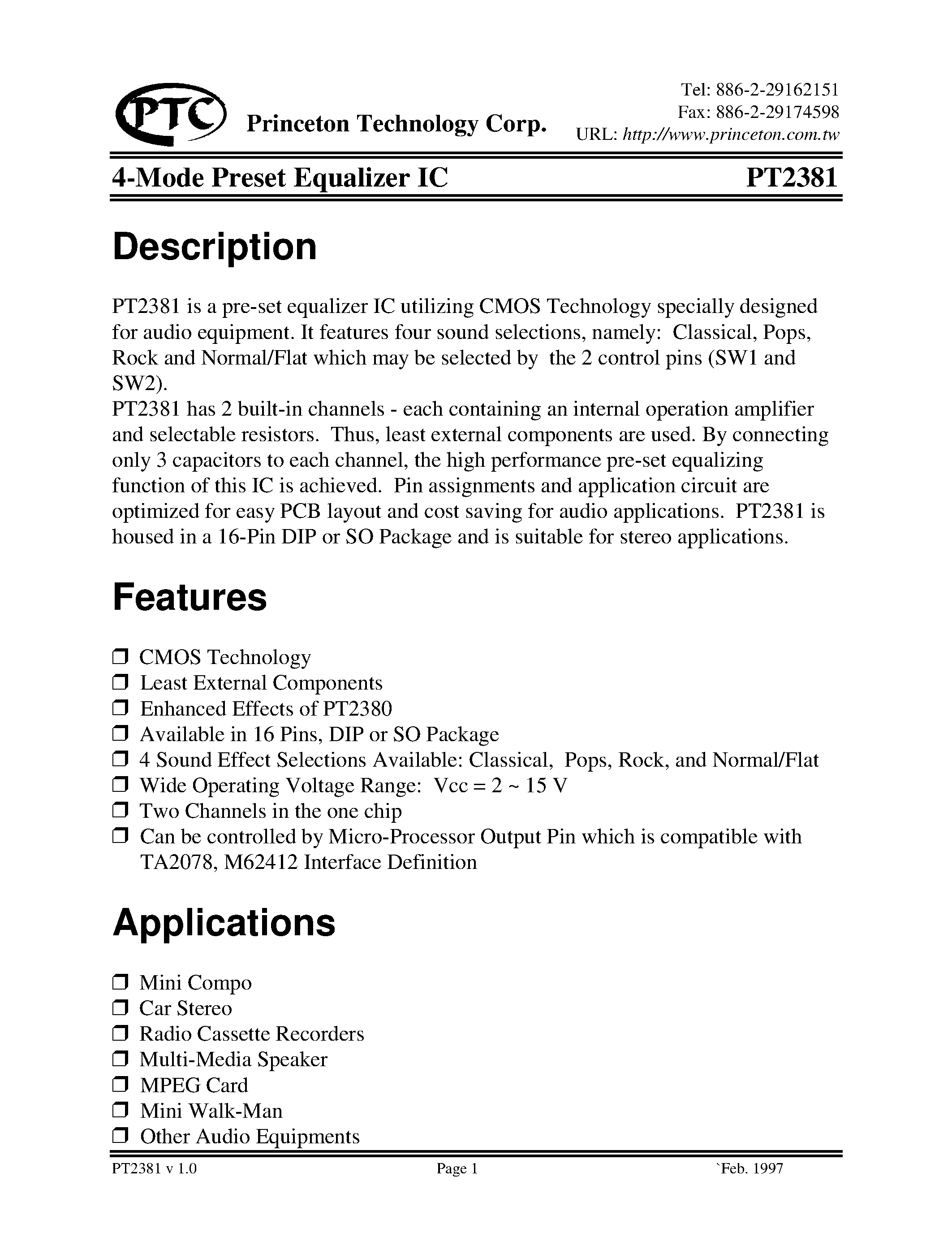 Datasheet PT2381 - 4-Mode Preset Equalizer IC page 1